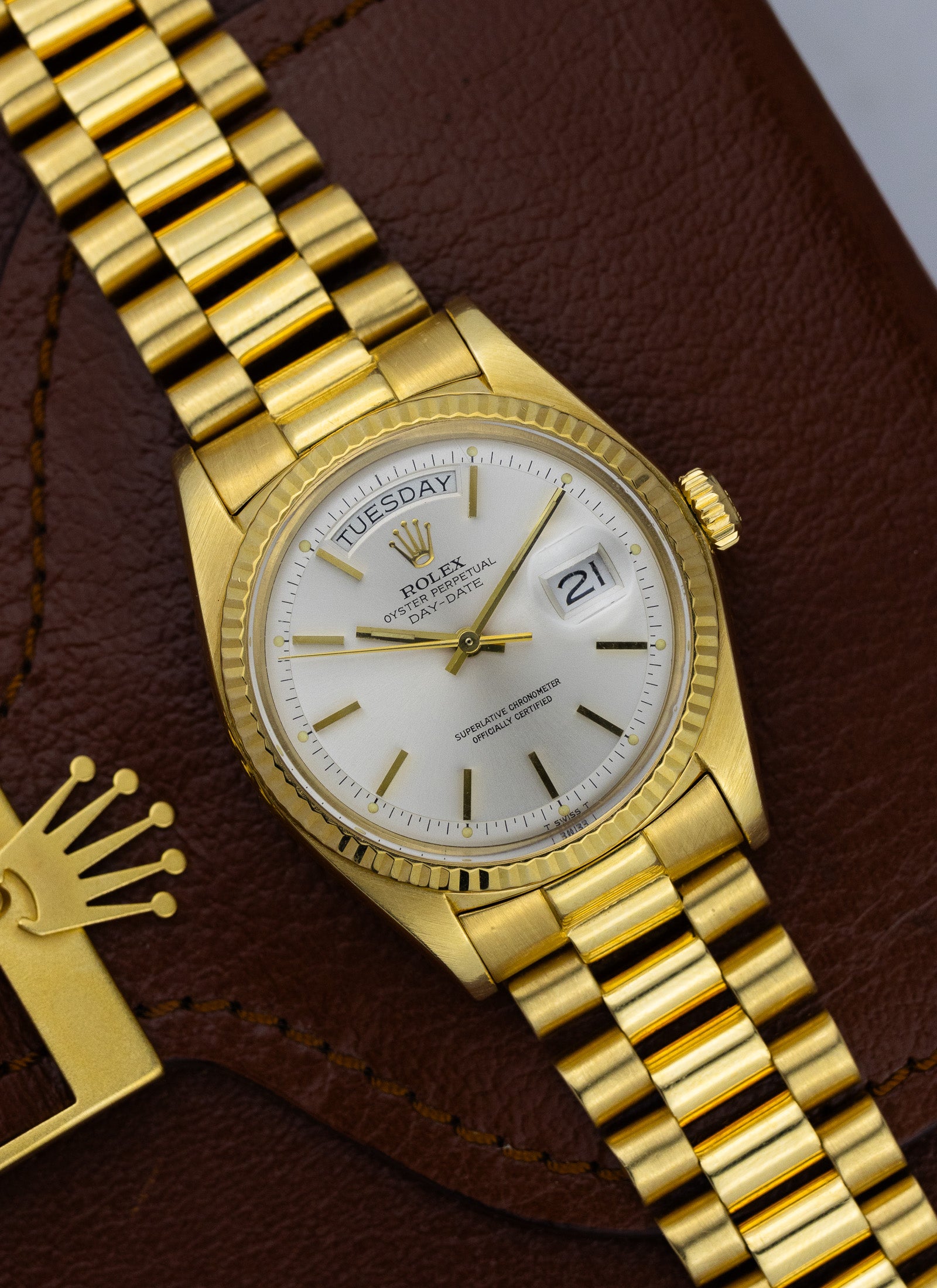 1975 18K Rolex Day-Date President Silver Pie Pan Dial 1803 Papers