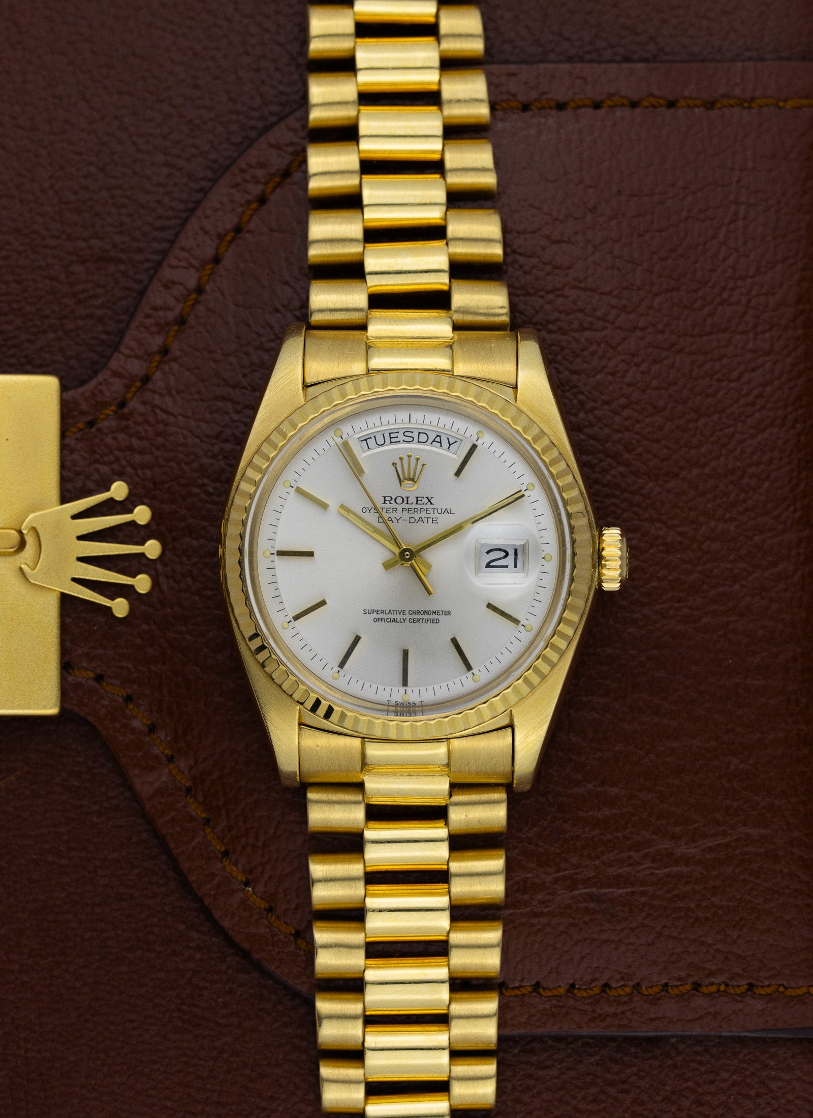 1975 18K Rolex Day-Date President Silver Pie Pan Dial 1803 Papers
