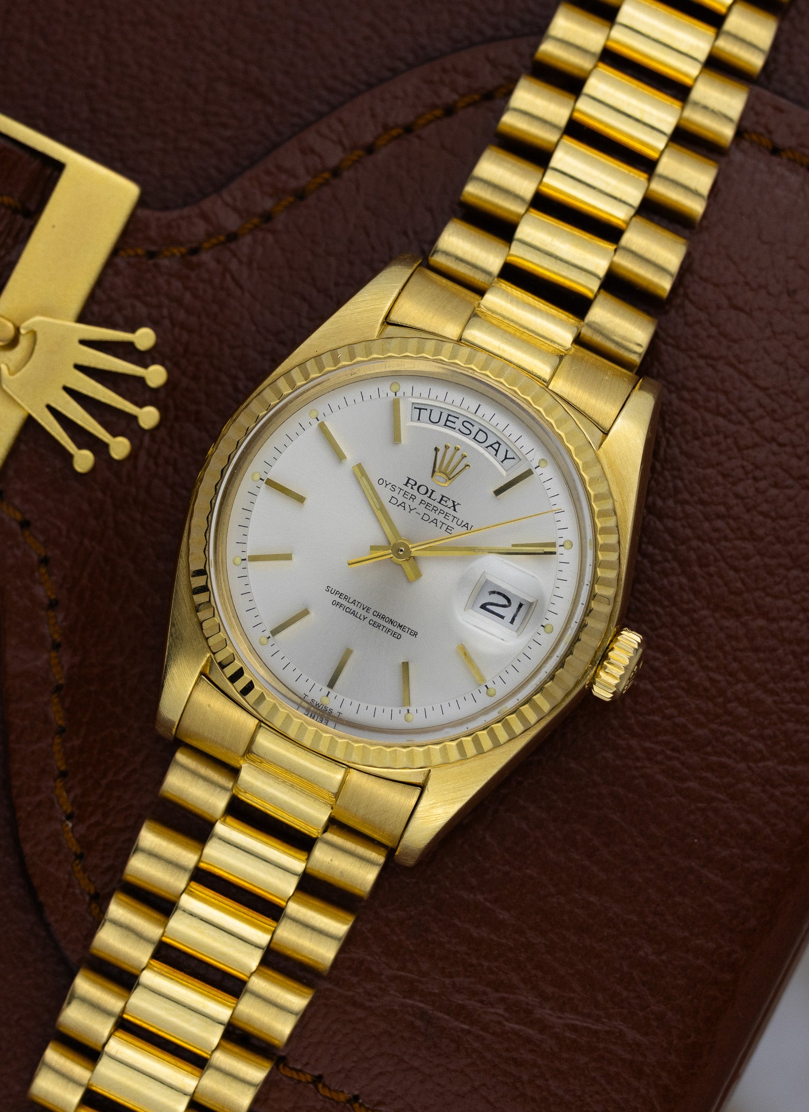 1975 18K Rolex Day-Date President Silver Pie Pan Dial 1803 Papers