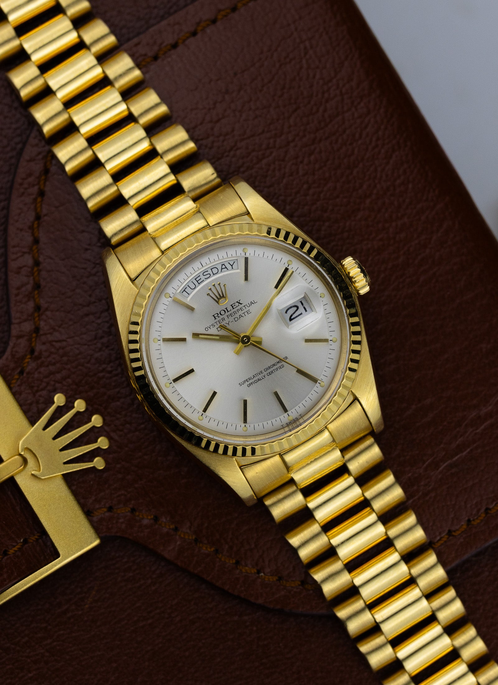 1975 18K Rolex Day-Date President Silver Pie Pan Dial 1803 Papers