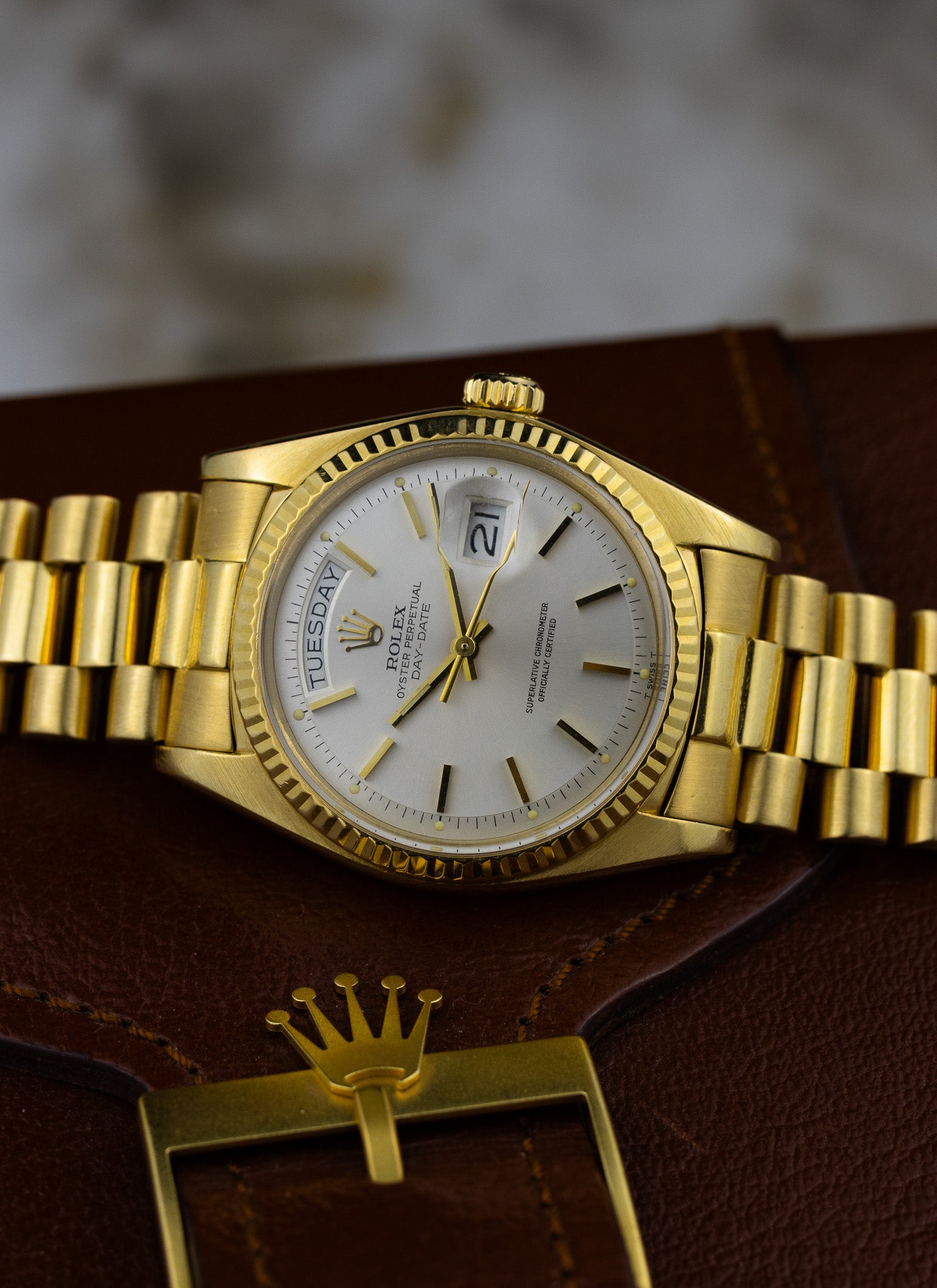 1975 18K Rolex Day-Date President Silver Pie Pan Dial 1803 Papers