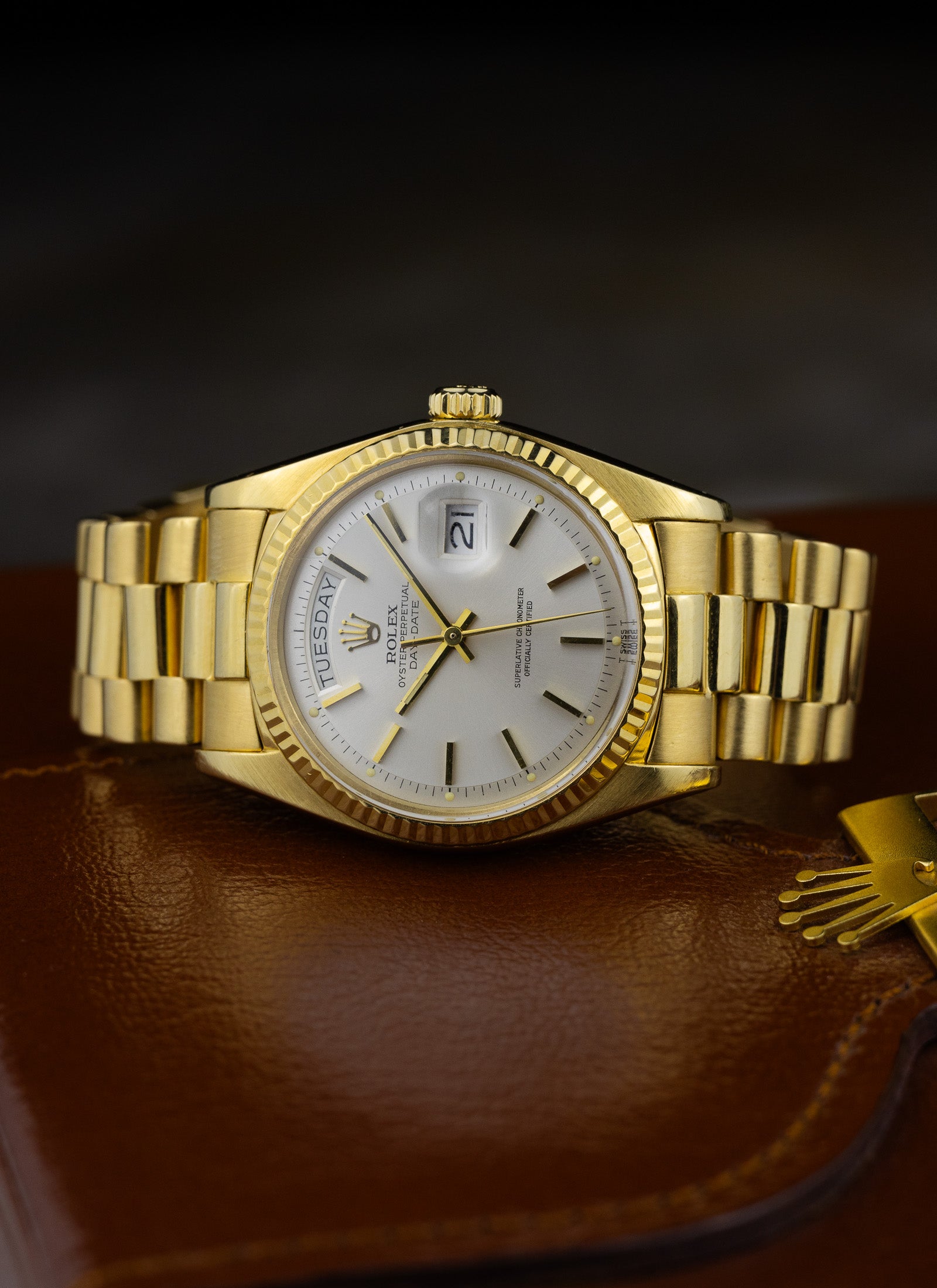 1975 18K Rolex Day-Date President Silver Pie Pan Dial 1803 Papers