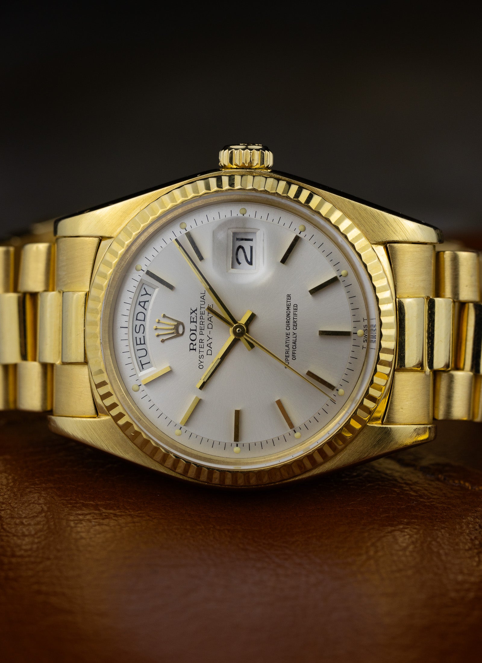 1975 18K Rolex Day-Date President Silver Pie Pan Dial 1803 Papers