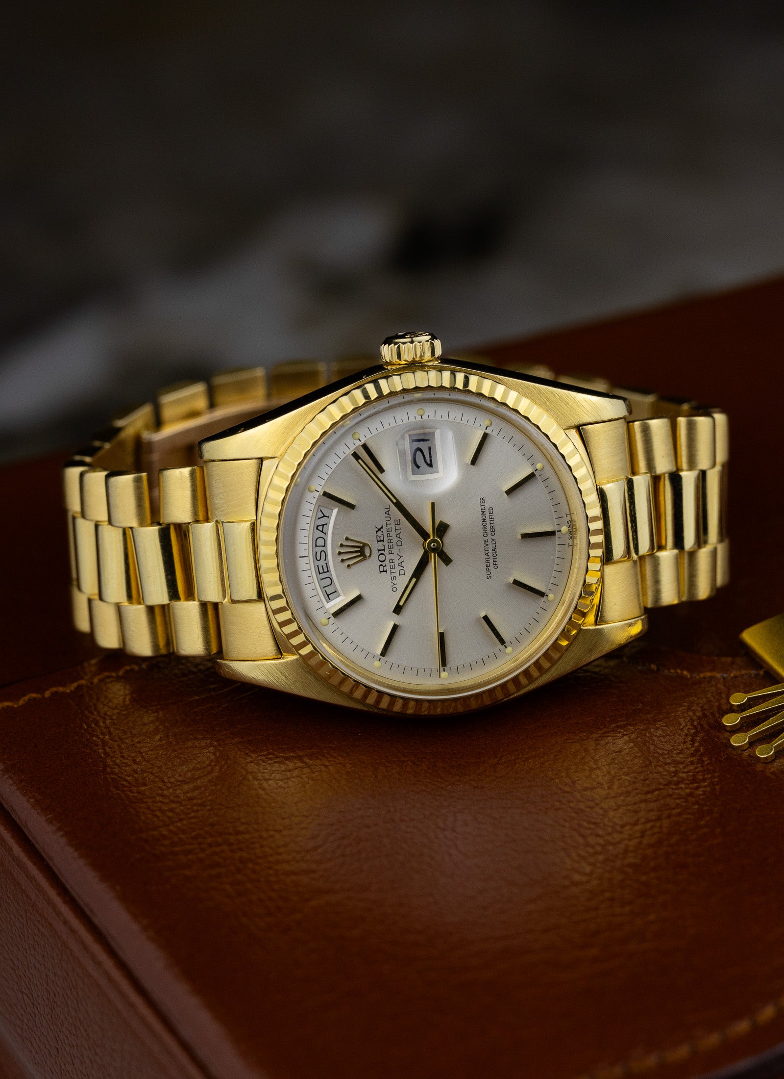 1975 18K Rolex Day-Date President Silver Pie Pan Dial 1803 Papers
