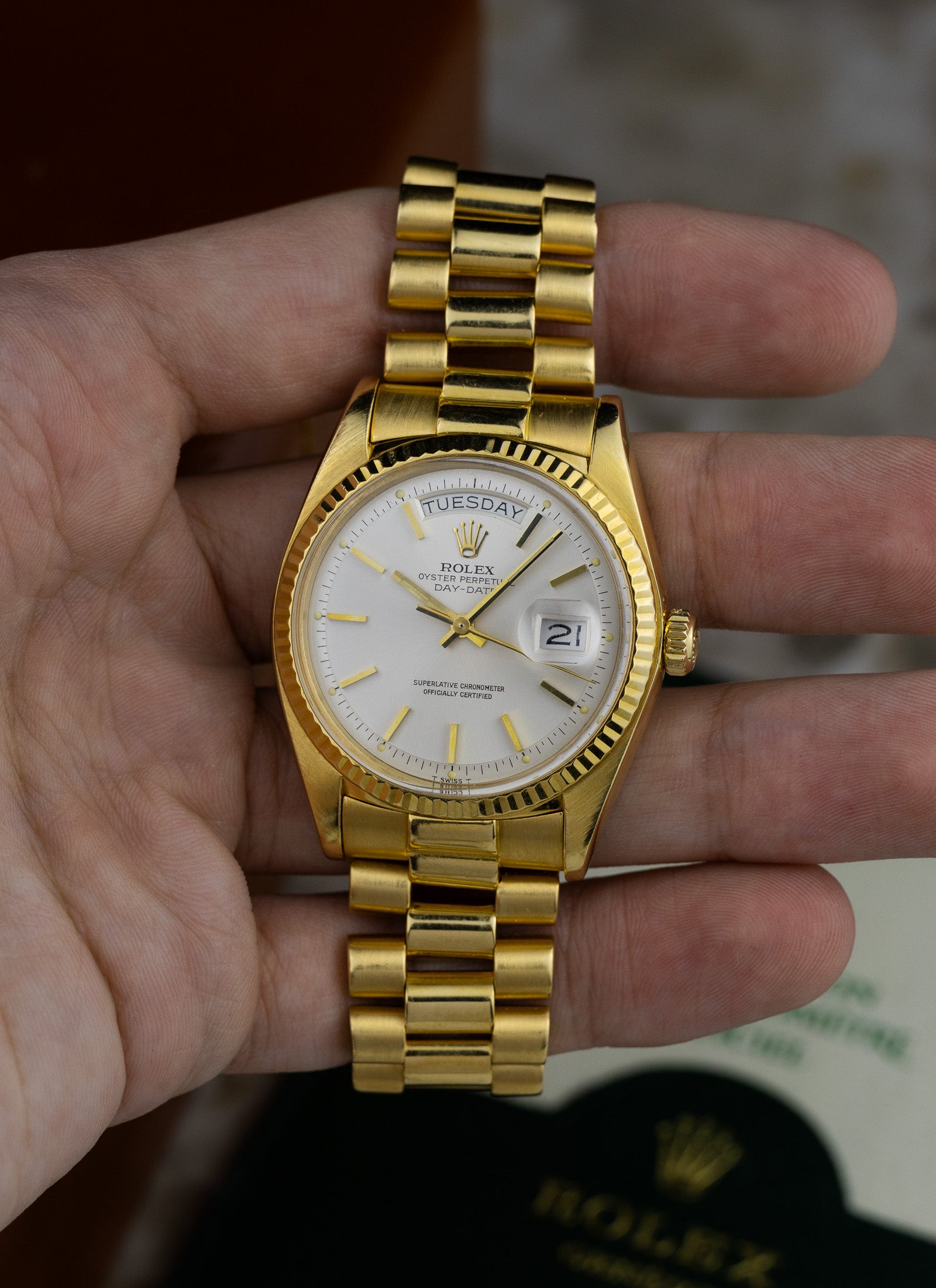 1975 18K Rolex Day-Date President Silver Pie Pan Dial 1803 Papers