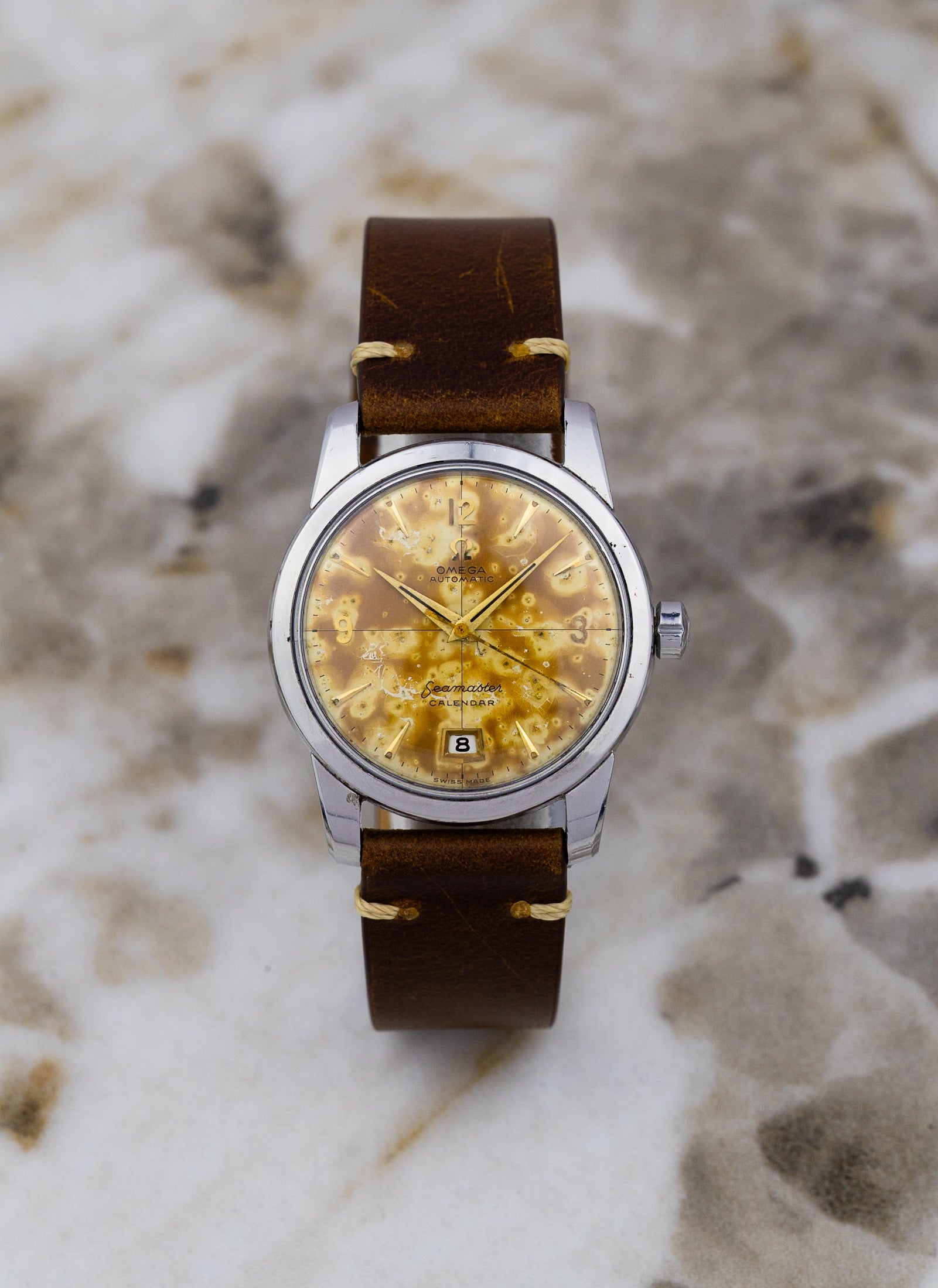 1954 Omega Seamaster Calendar Fat Lugs Leopard Patina 2757 Serviced