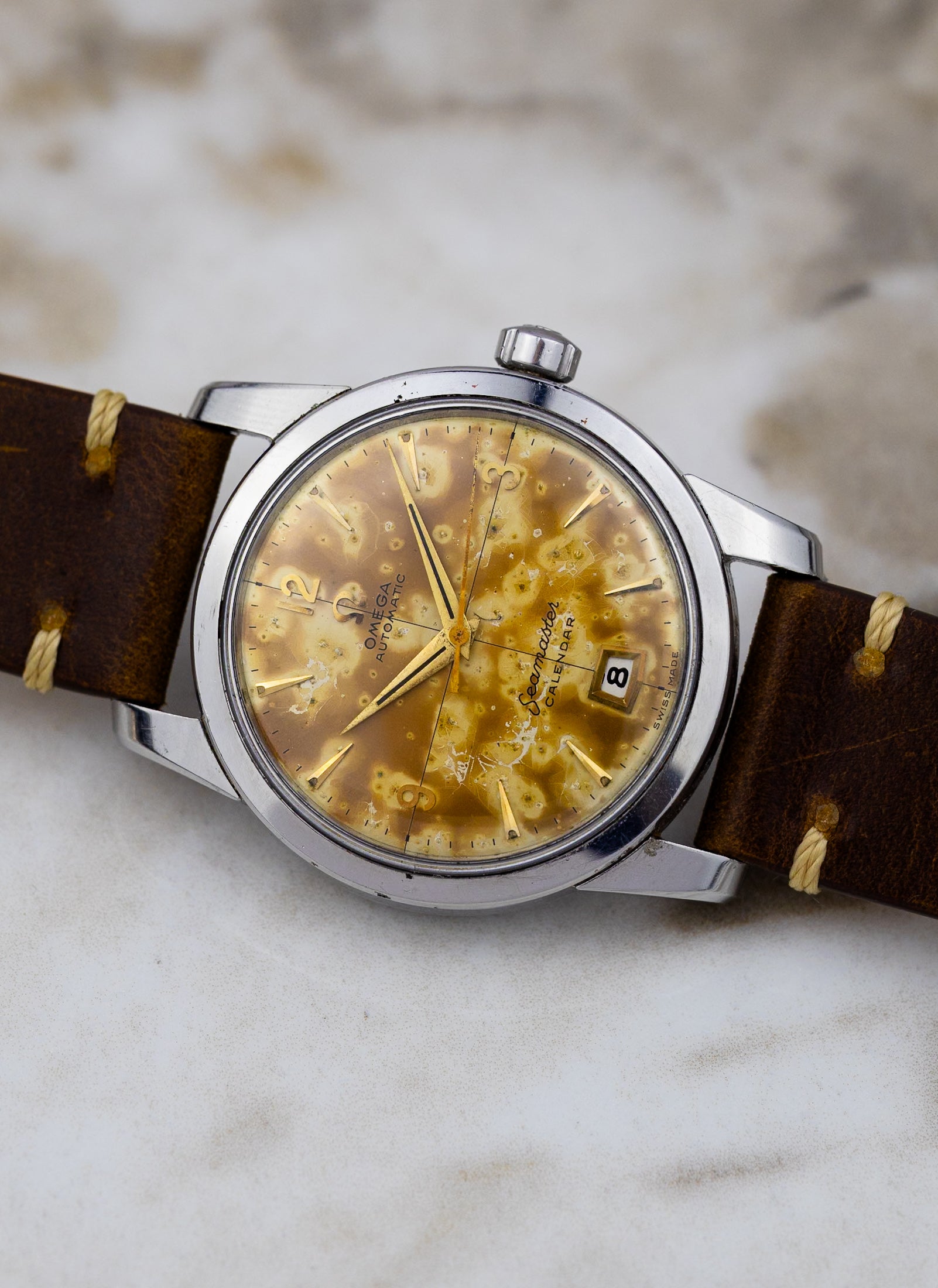 1954 Omega Seamaster Calendar Fat Lugs Leopard Patina 2757 Serviced