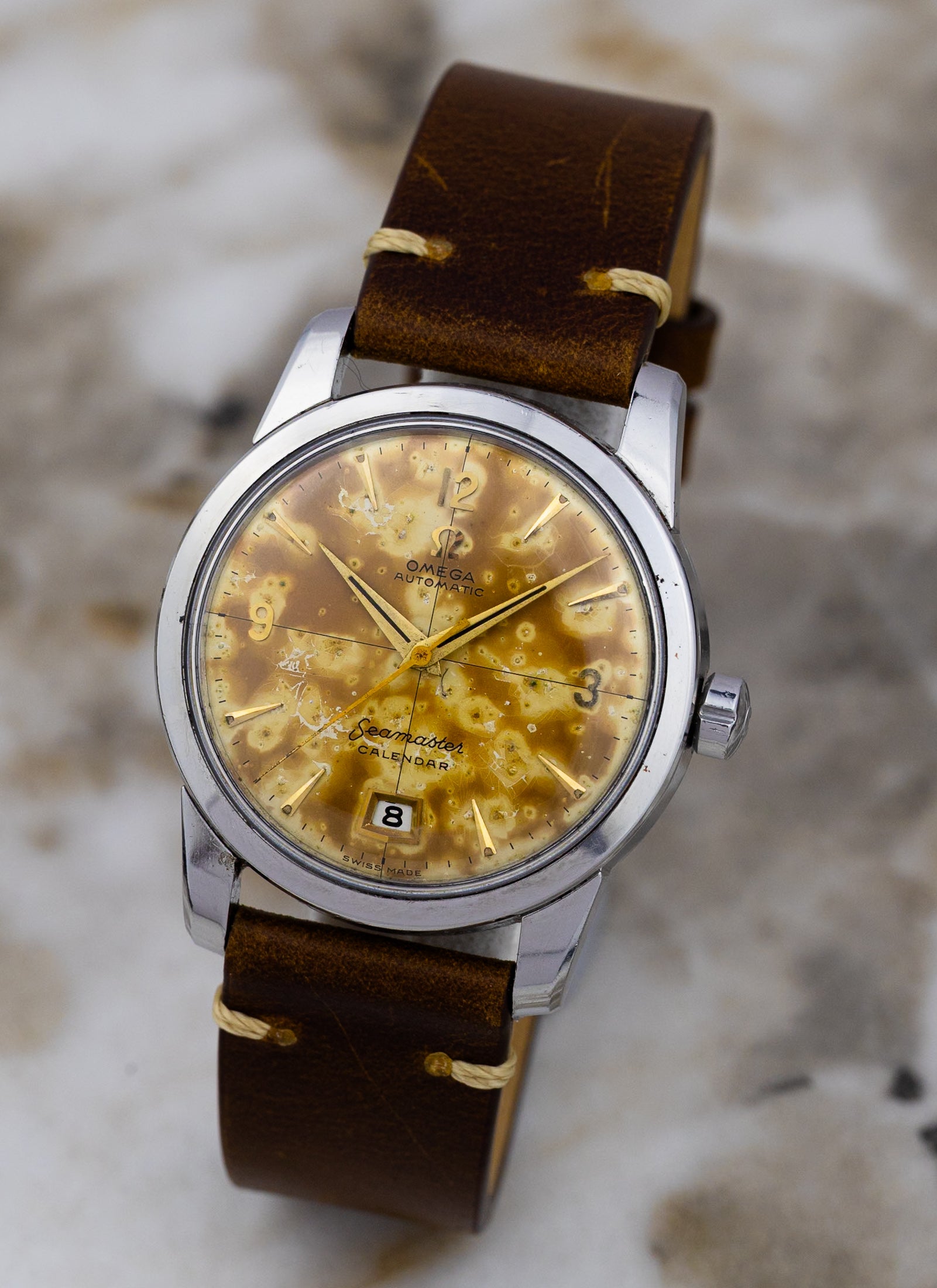 1954 Omega Seamaster Calendar Fat Lugs Leopard Patina 2757 Serviced
