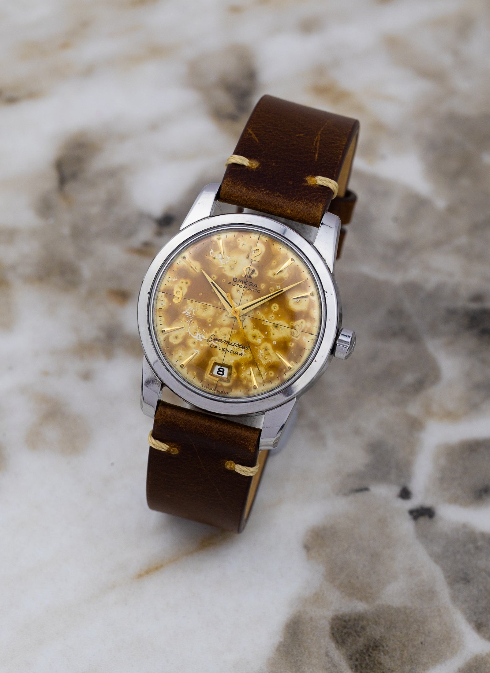 1954 Omega Seamaster Calendar Fat Lugs Leopard Patina 2757 Serviced