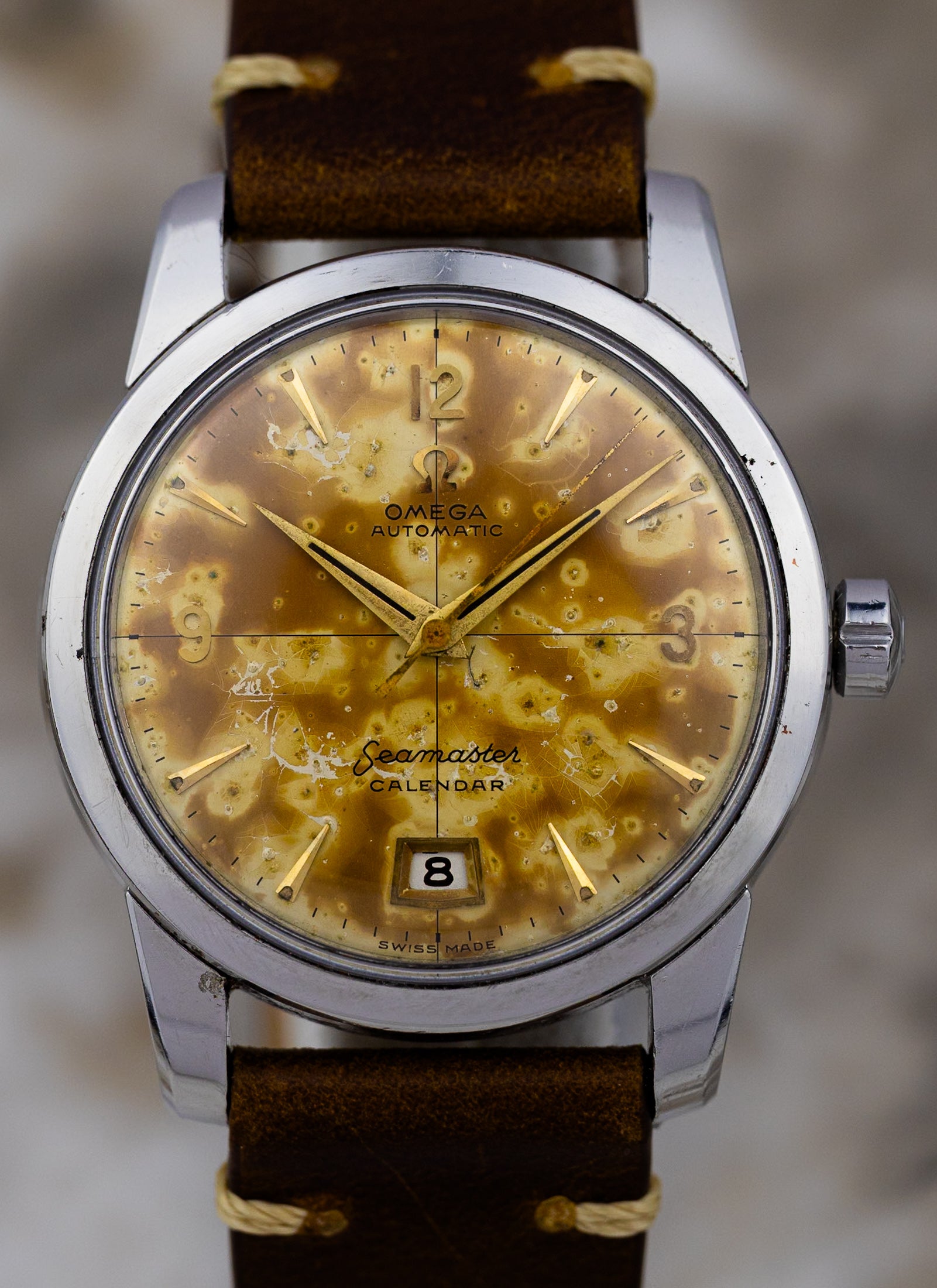 1954 Omega Seamaster Calendar Fat Lugs Leopard Patina 2757 Serviced