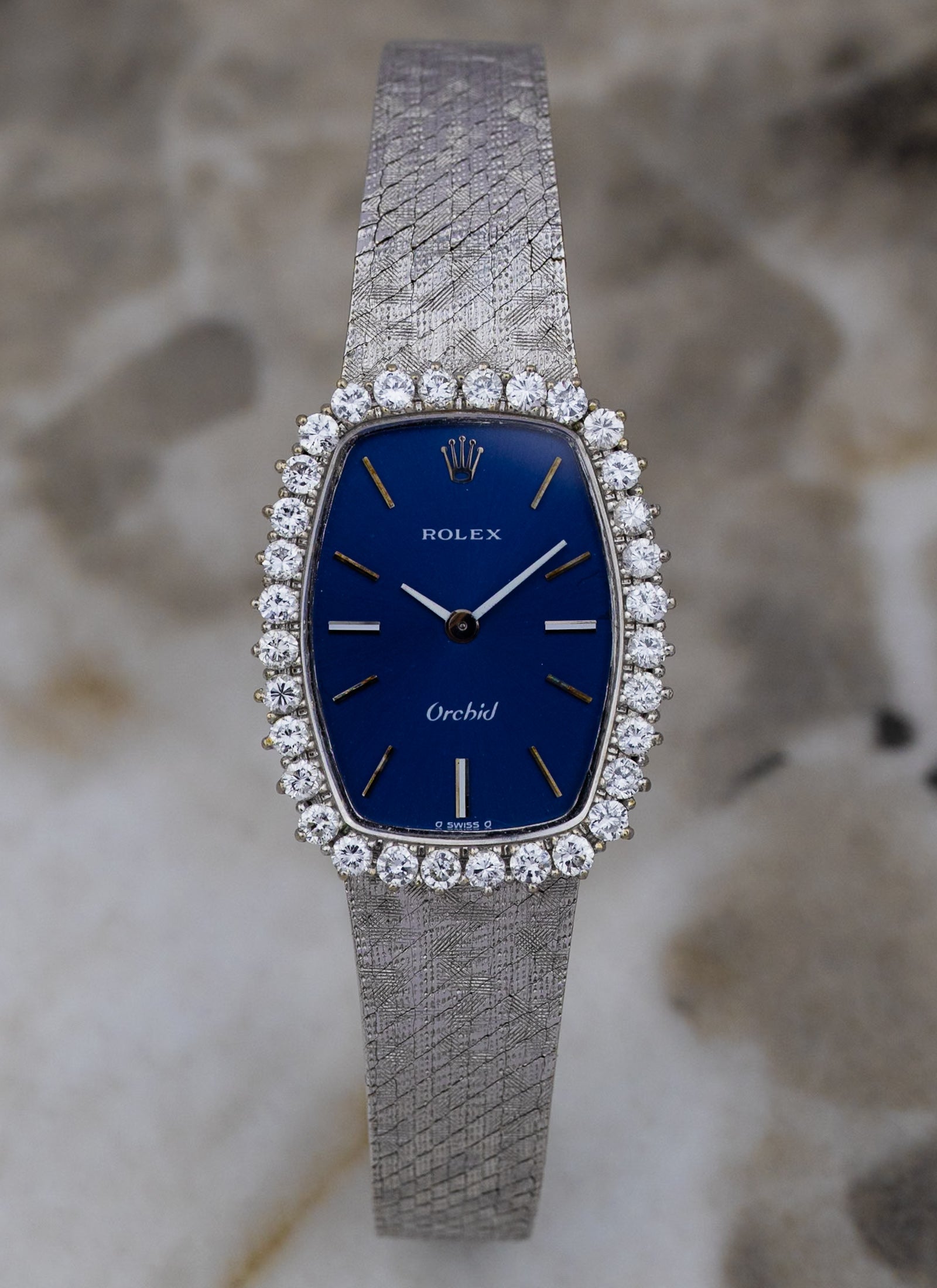 1975 18K Lady Rolex Orchid Navy Dial Diamond Bezel 2676