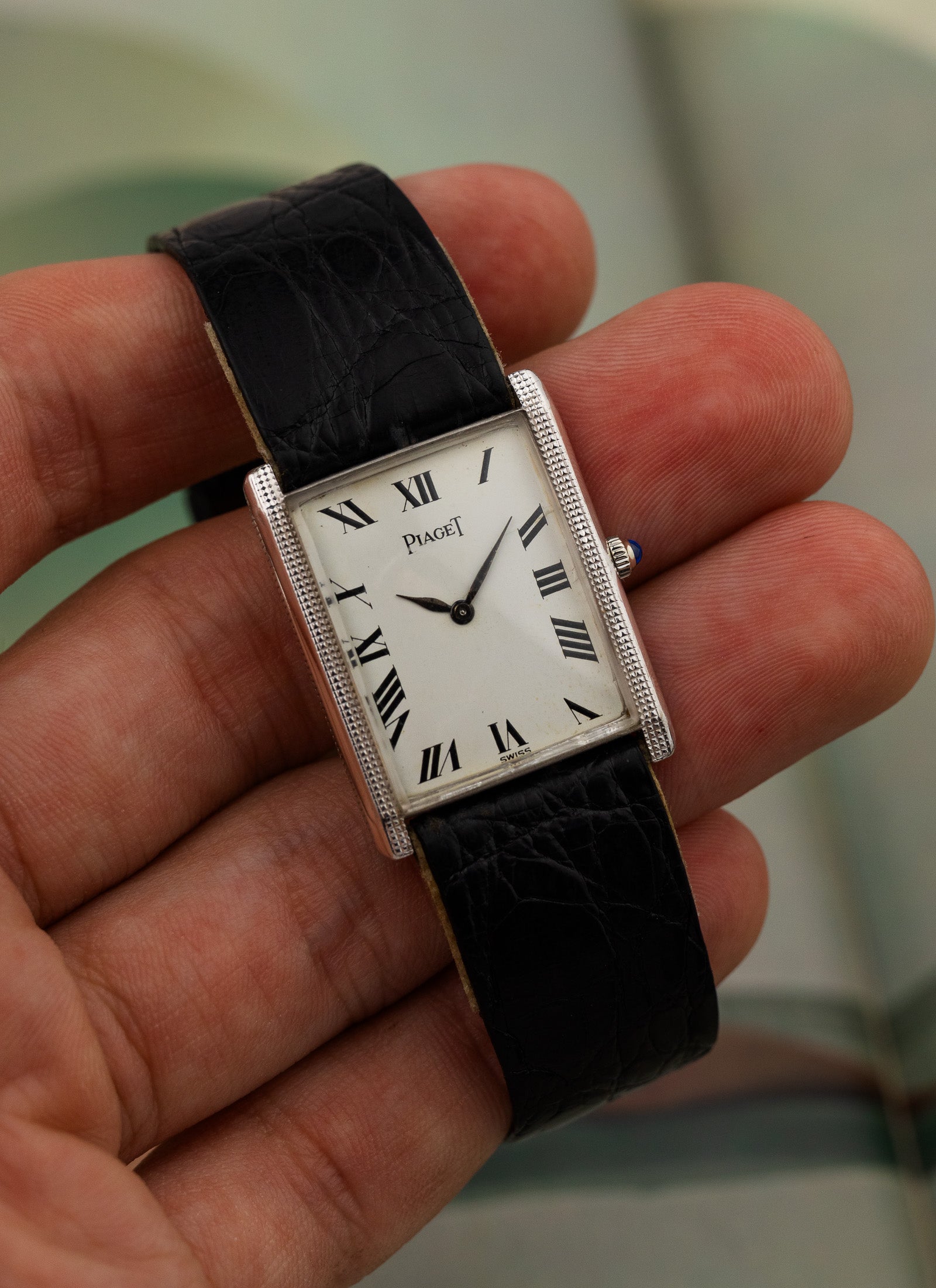 1970s 18K Piaget Tank Clous de Paris 9189 cal. 9P Serviced Pouch & Service Card