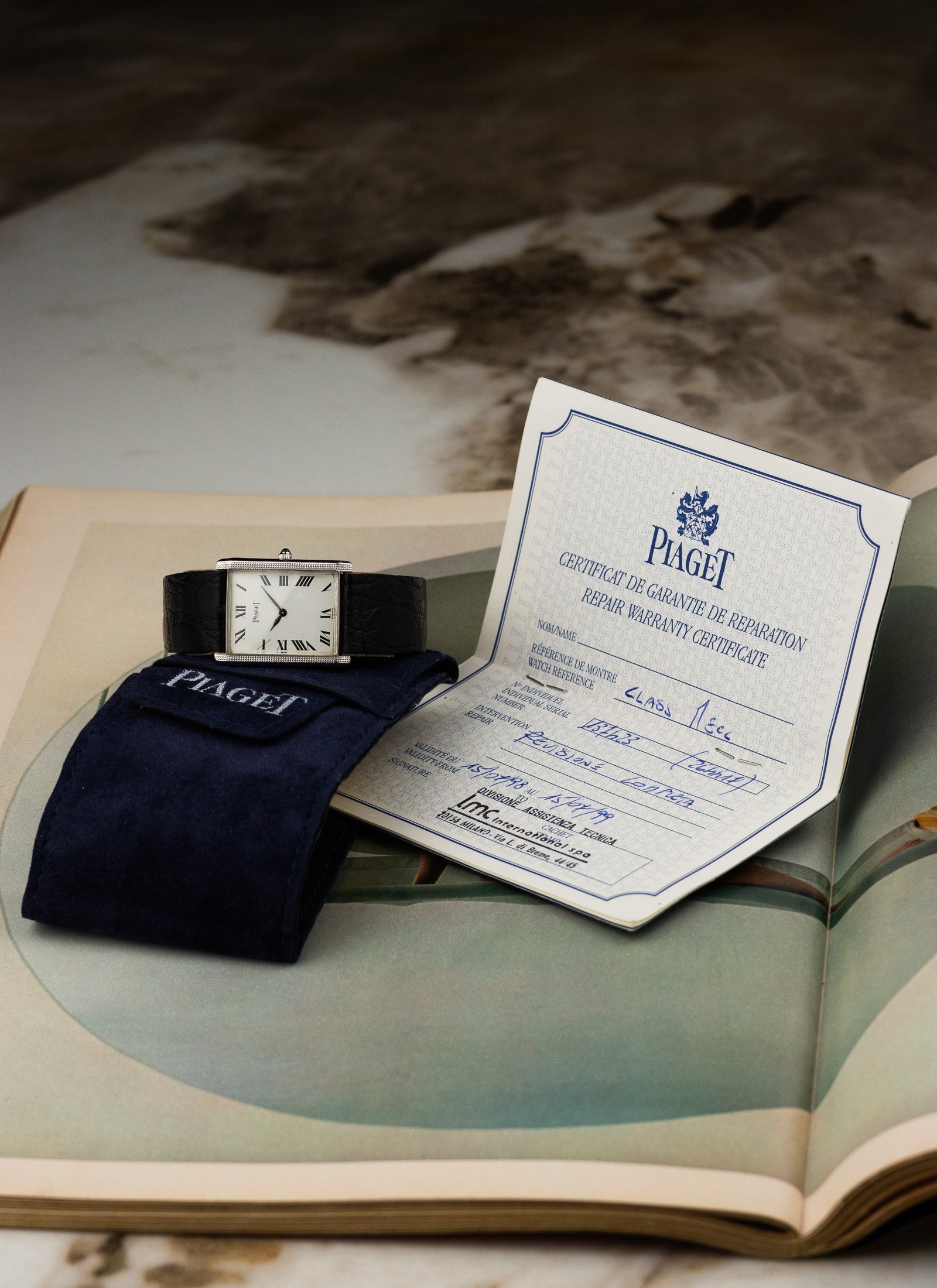1970s 18K Piaget Tank Clous de Paris 9189 cal. 9P Serviced Pouch & Service Card