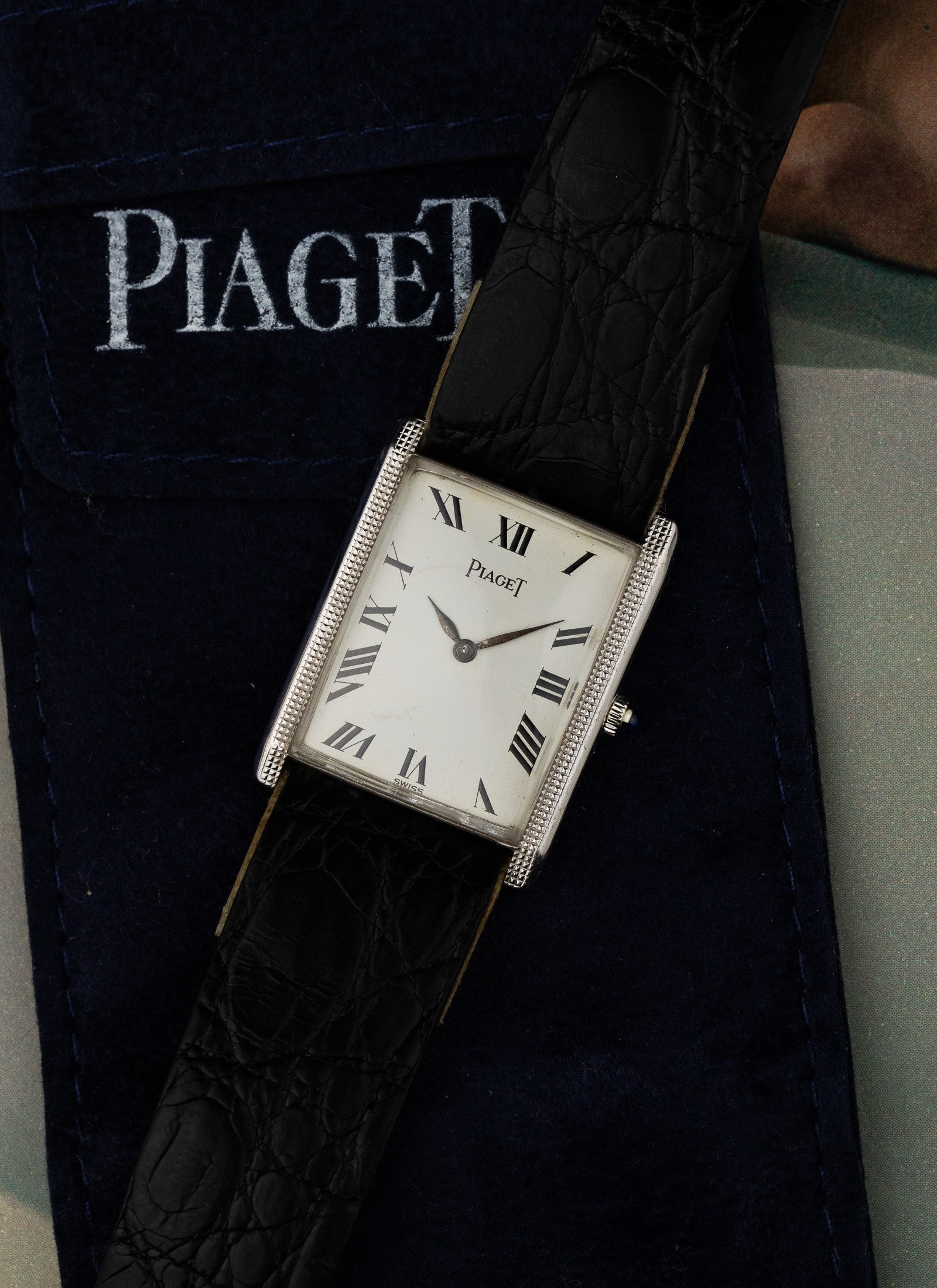 1970s 18K Piaget Tank Clous de Paris 9189 cal. 9P Serviced Pouch & Service Card