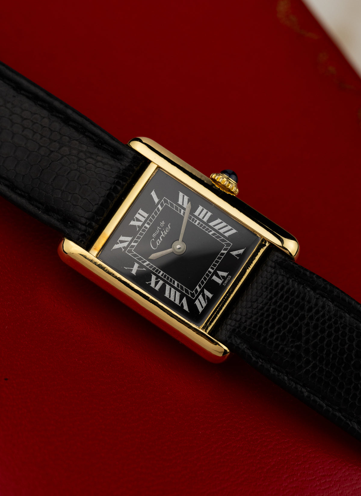 1980s Lady Cartier Must Tank Black Dial Manual Winding Serviced Box