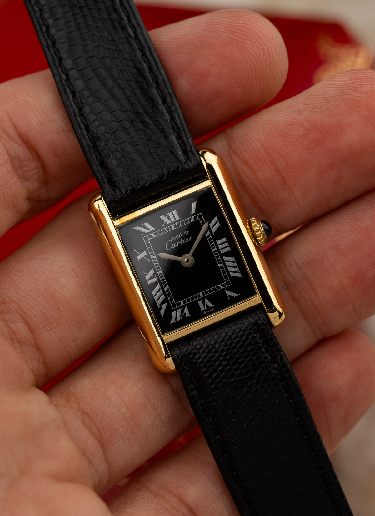 1980s Lady Cartier Must Tank Black Dial Manual Winding Serviced Box