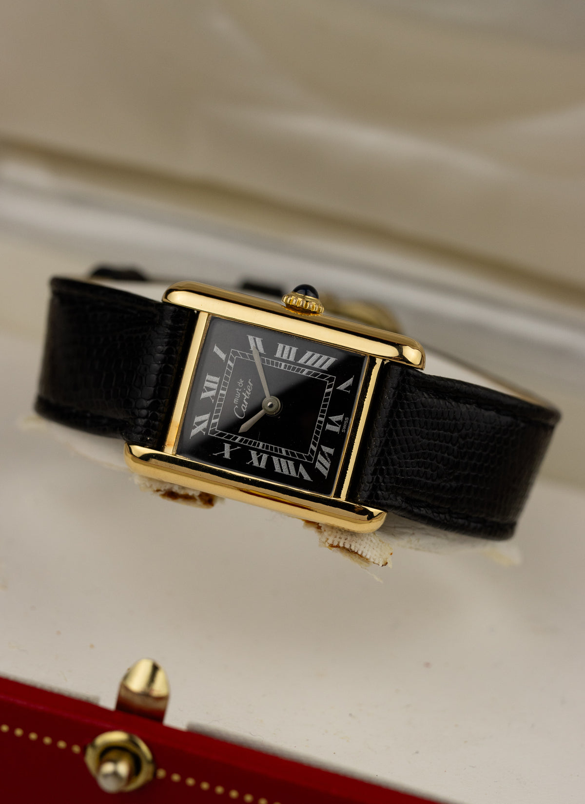 1980s Lady Cartier Must Tank Black Dial Manual Winding Serviced Box