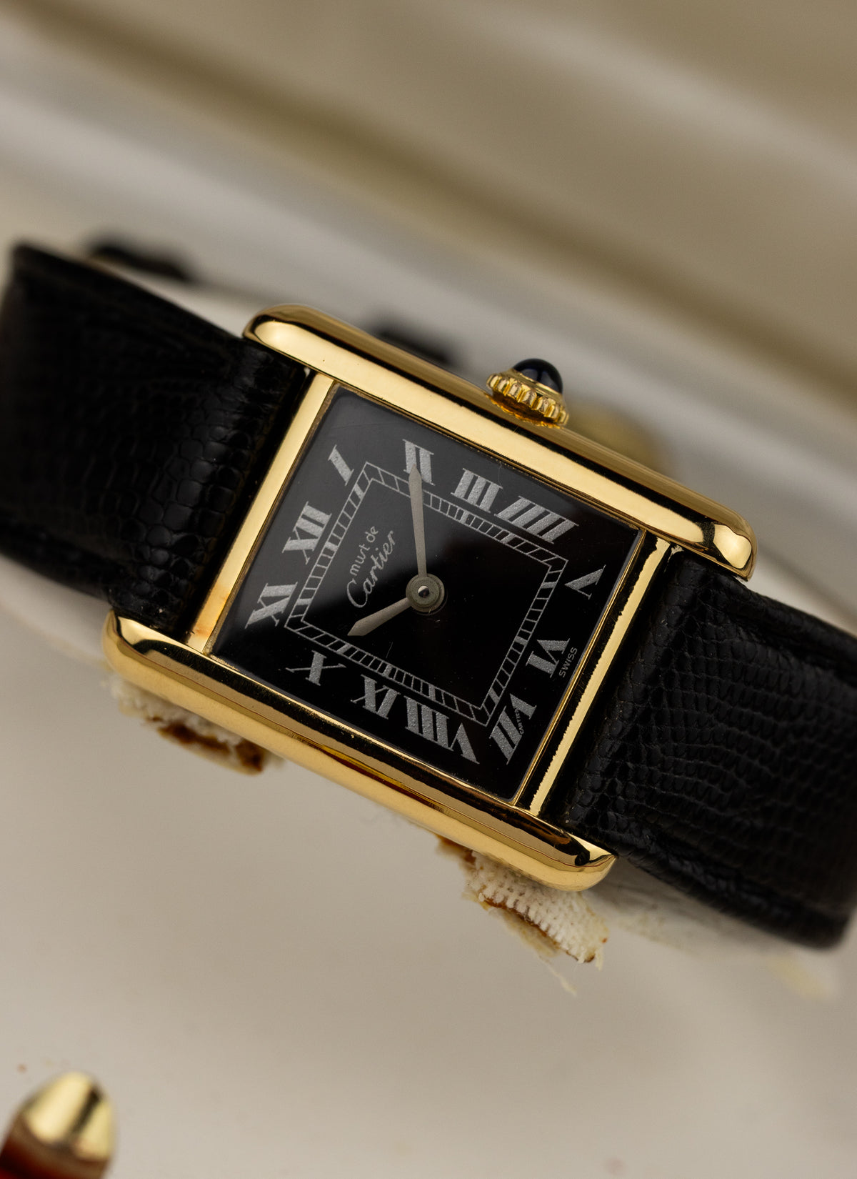 1980s Lady Cartier Must Tank Black Dial Manual Winding Serviced Box