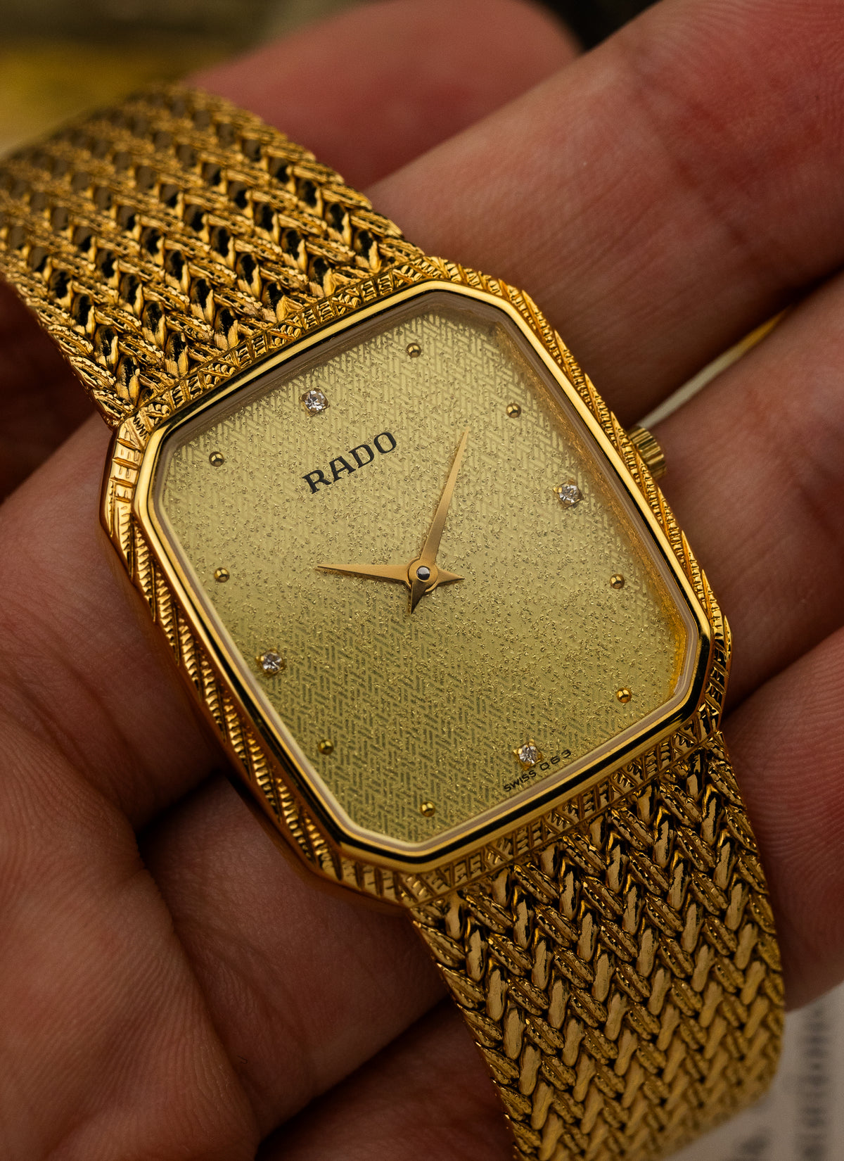 1980s Rado Vintage Gold Bracelet Diamonds 121.3588.2