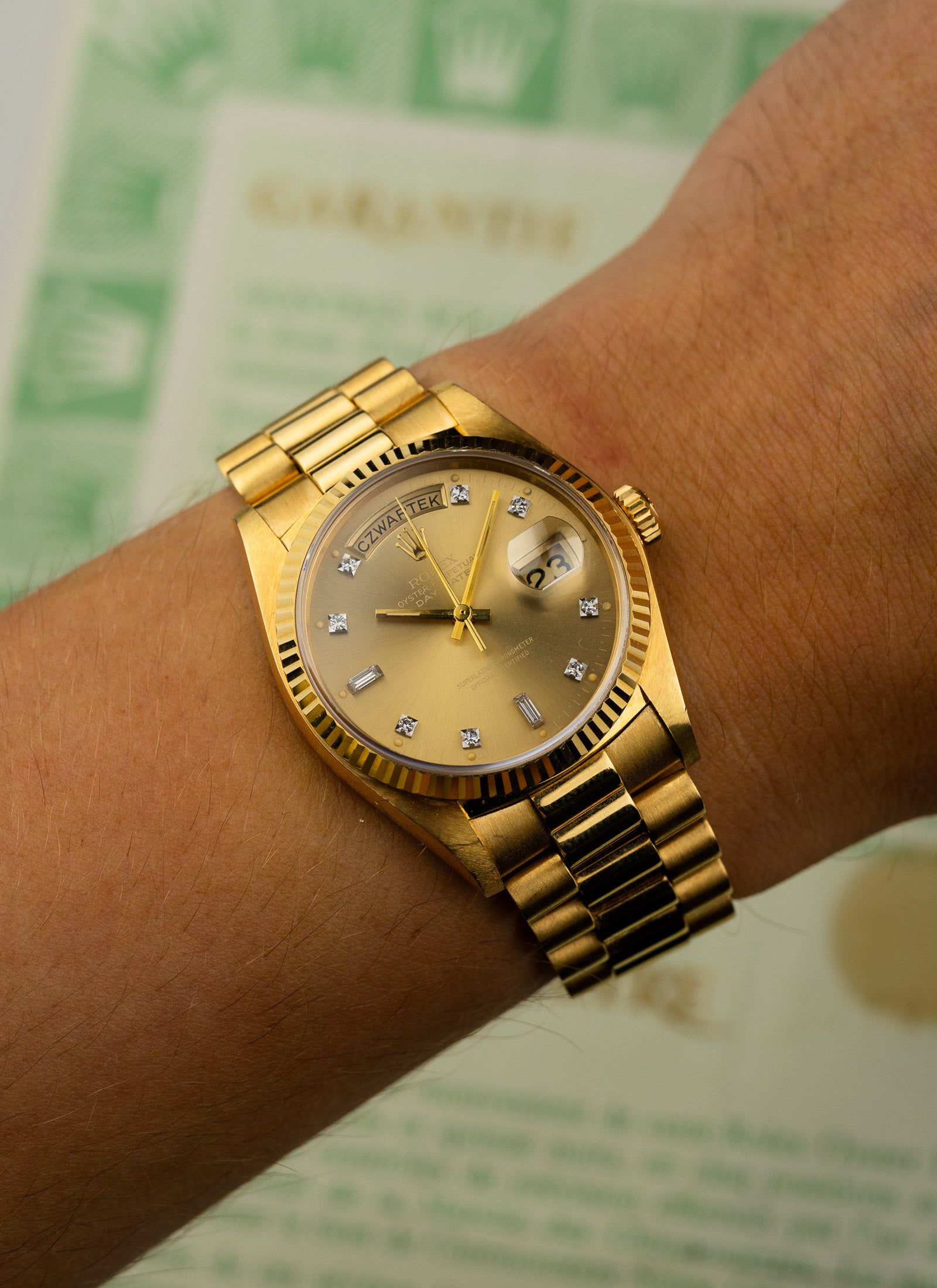 1979 18K Rolex Day-Date Havana Ghost Diamond Dial 18038 Box & Papers Serviced