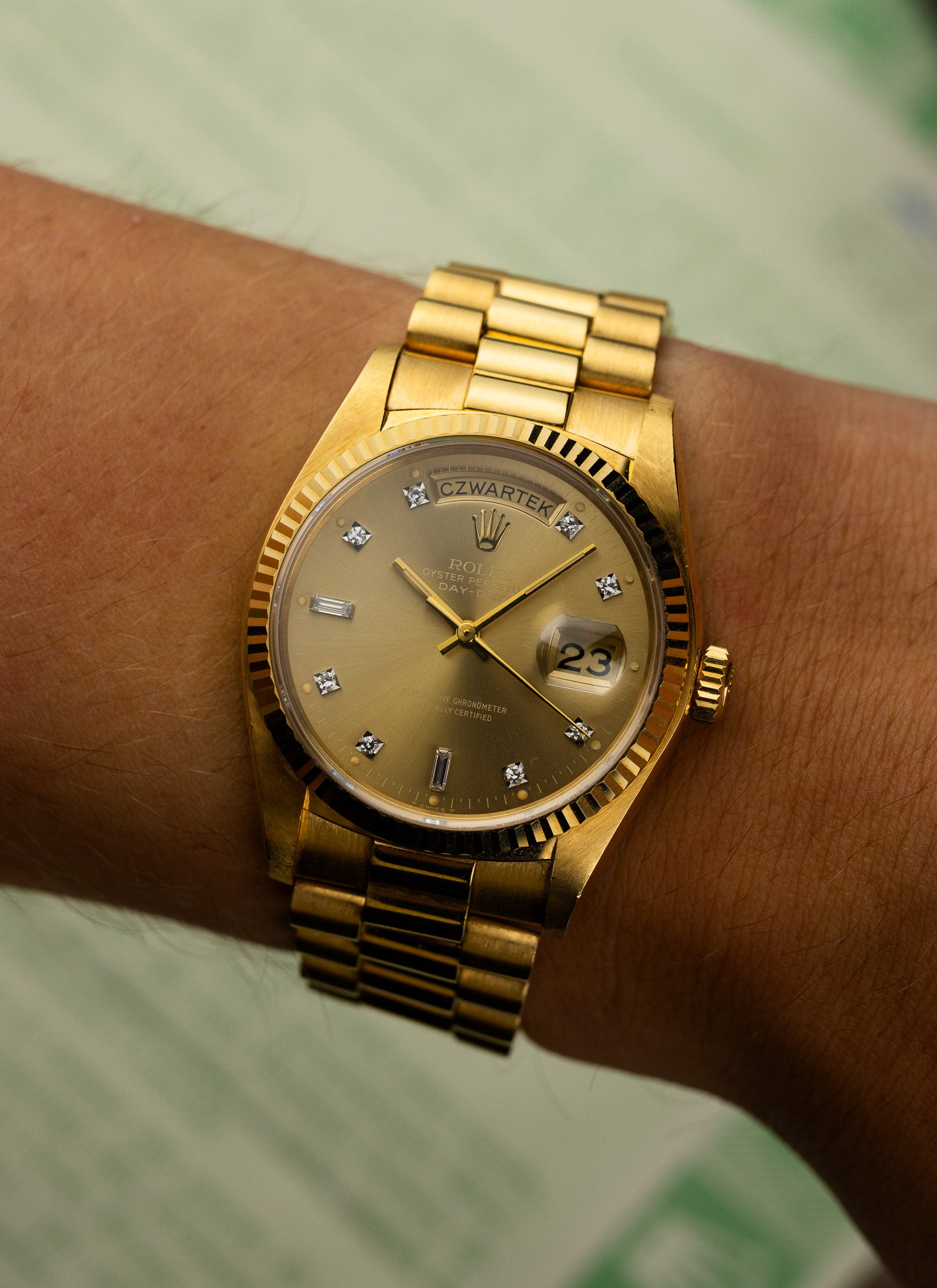 1979 18K Rolex Day-Date Havana Ghost Diamond Dial 18038 Box & Papers Serviced