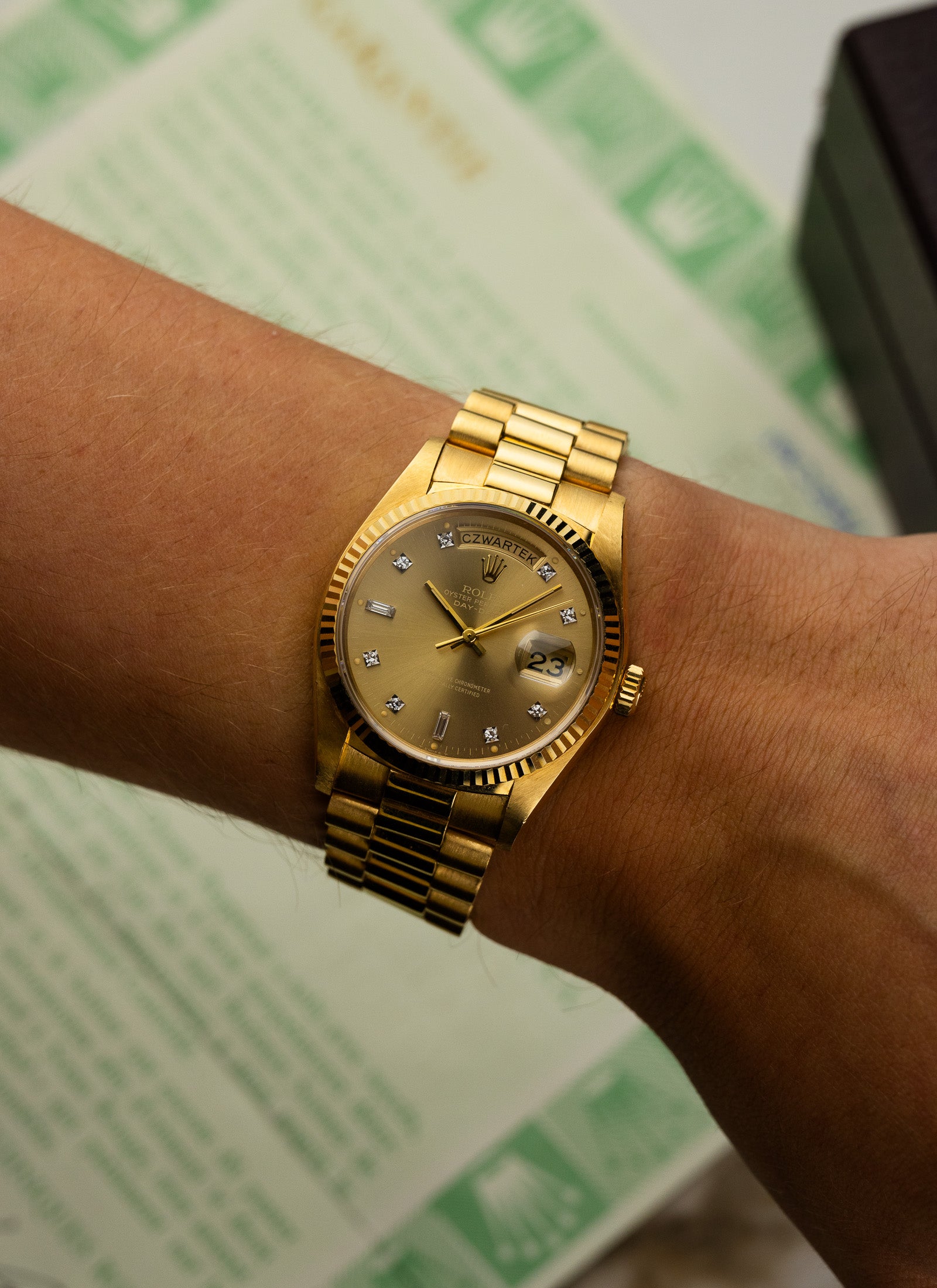 1979 18K Rolex Day-Date Havana Ghost Diamond Dial 18038 Box & Papers Serviced