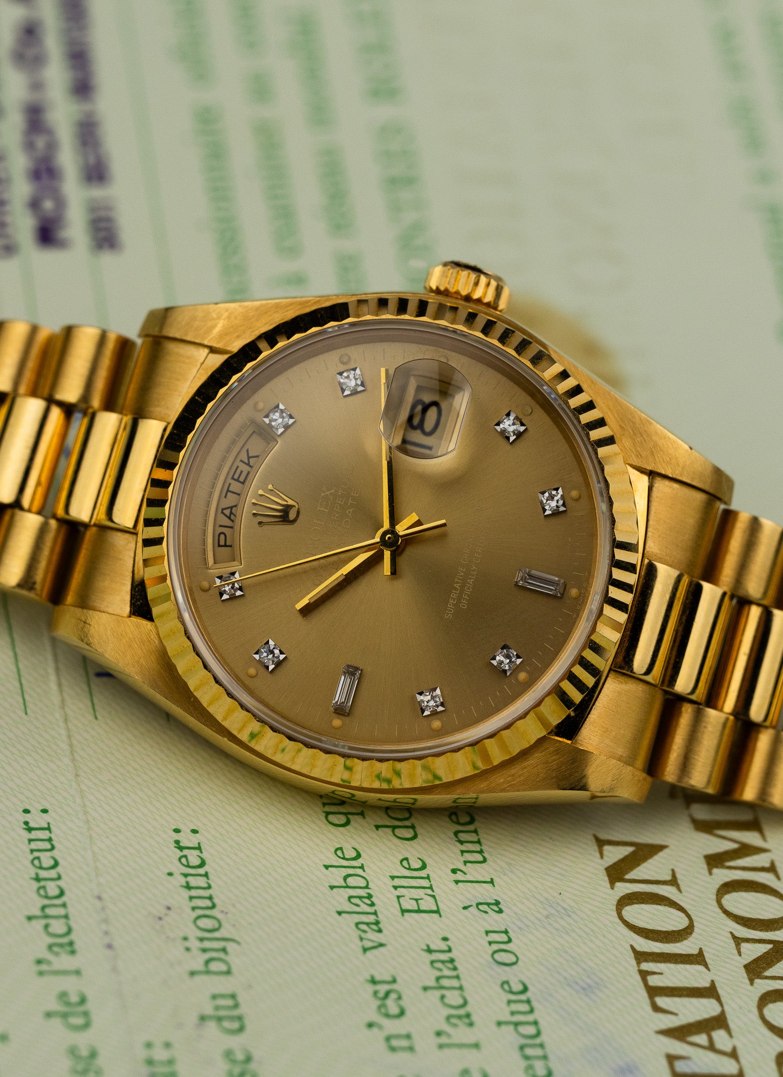 1979 18K Rolex Day-Date Havana Ghost Diamond Dial 18038 Box & Papers Serviced