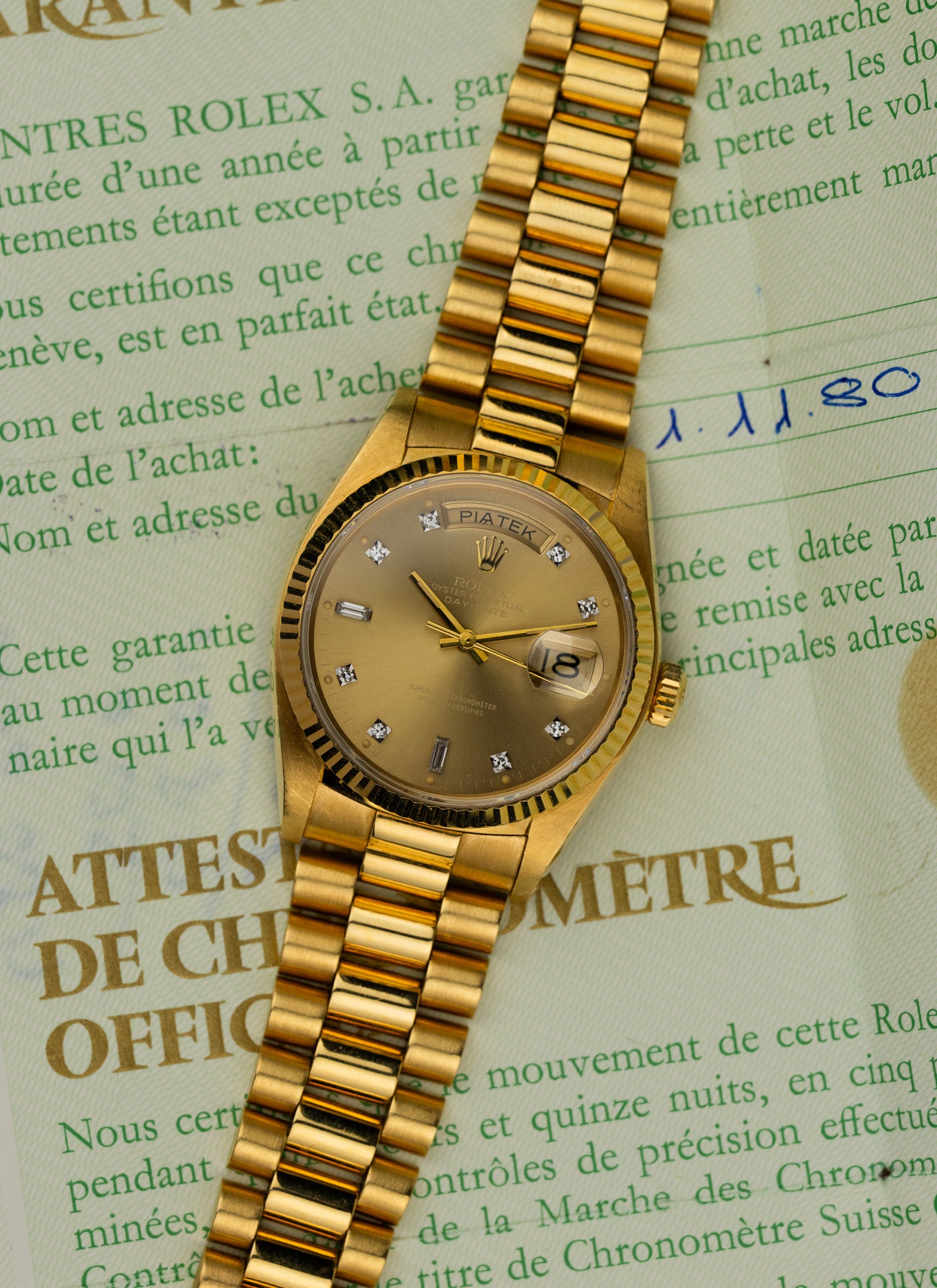 1979 18K Rolex Day-Date Havana Ghost Diamond Dial 18038 Box & Papers Serviced