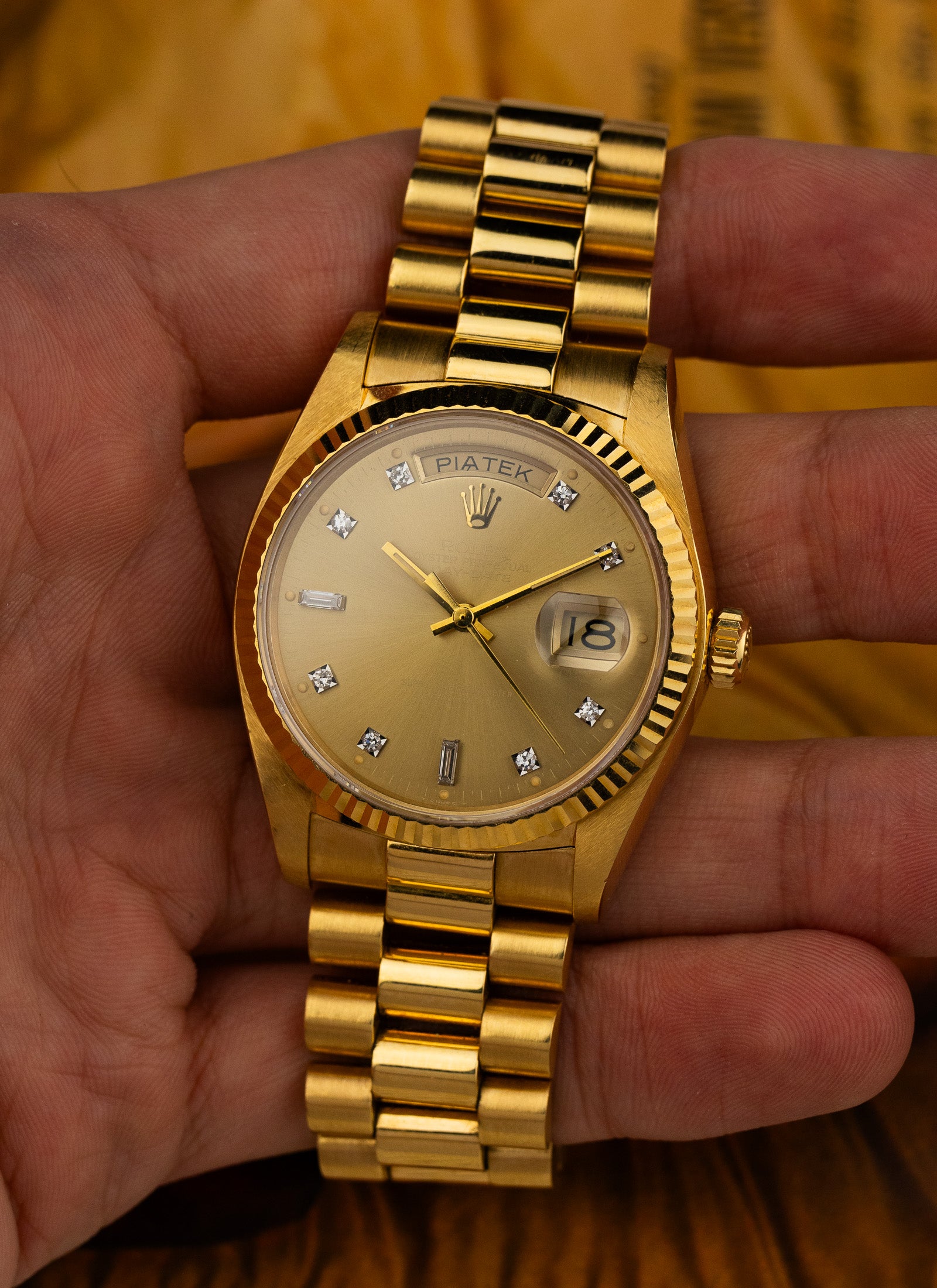 1979 18K Rolex Day-Date Havana Ghost Diamond Dial 18038 Box & Papers Serviced