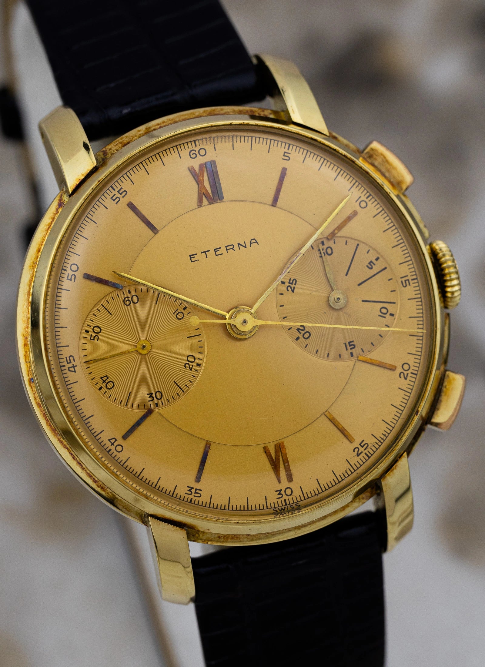 1943 14K Eterna Two Register Chronograph Valjoux 22