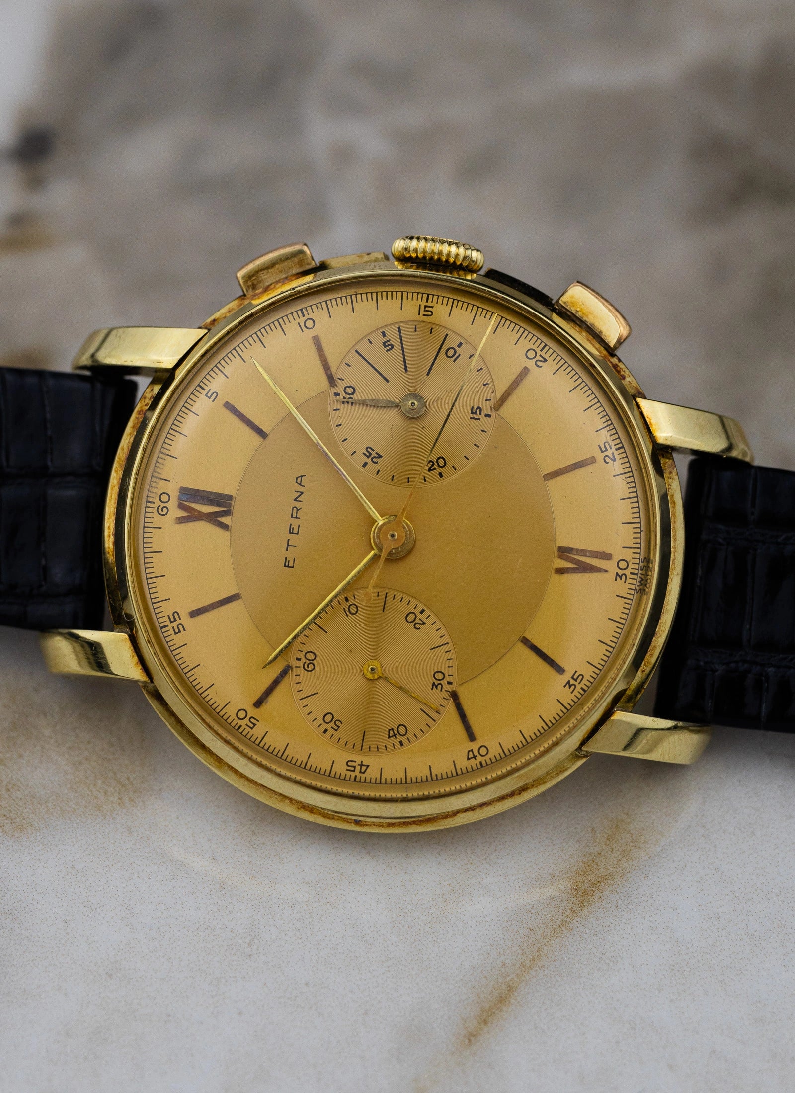 1943 14K Eterna Two Register Chronograph Valjoux 22