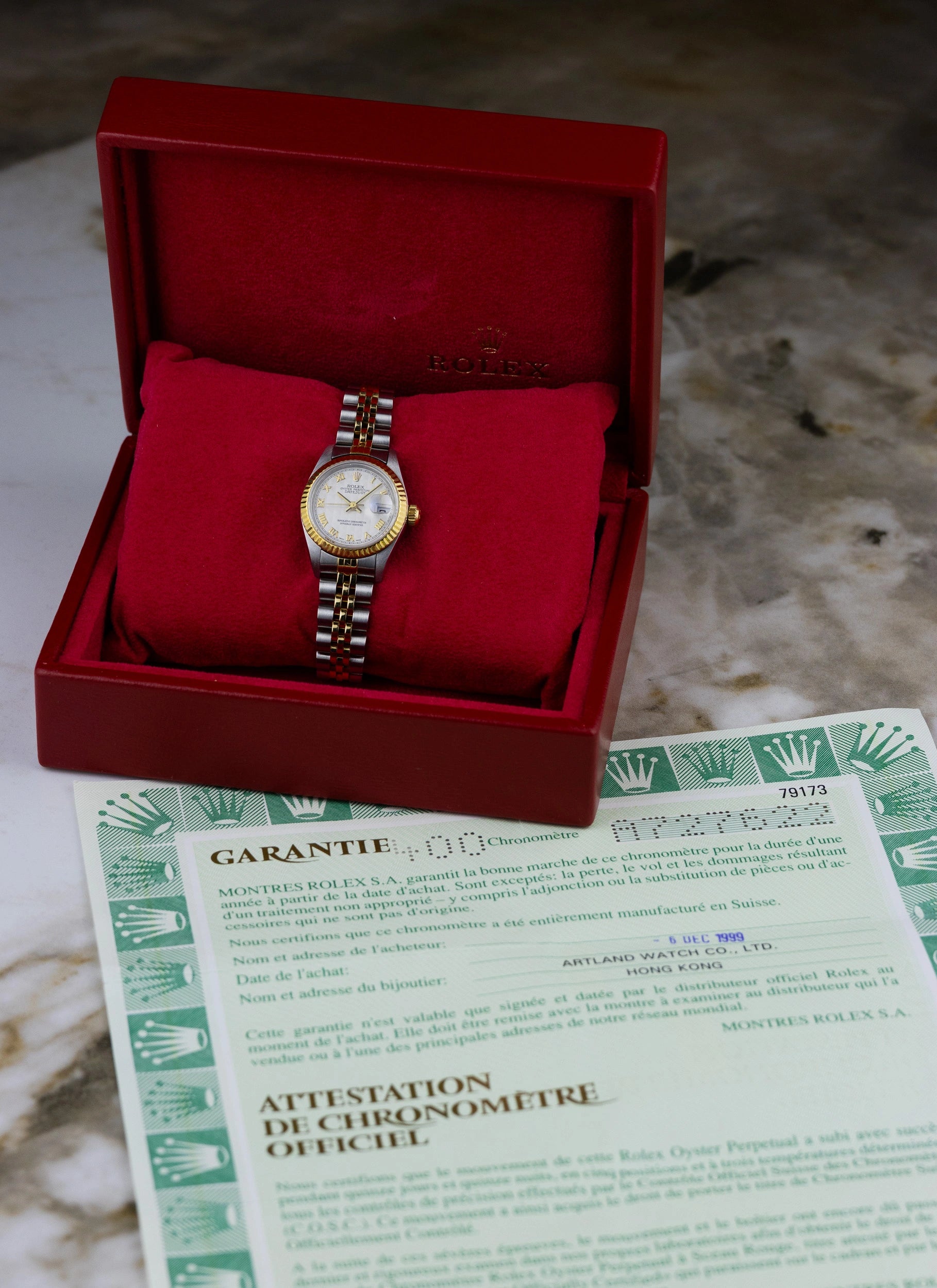 1999 Lady Rolex Datejust White Pyramid Dial 79173 Full Set