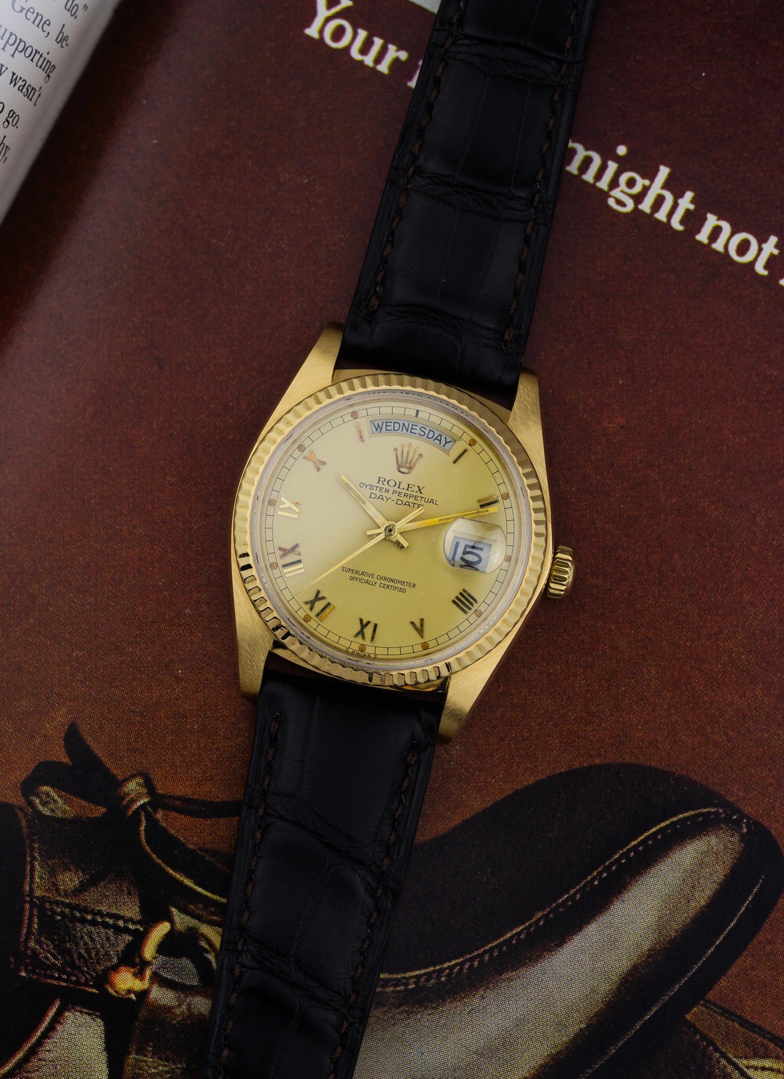 1983 18K Rolex Day-Date Lemoncello Roman Dial 18038 Box