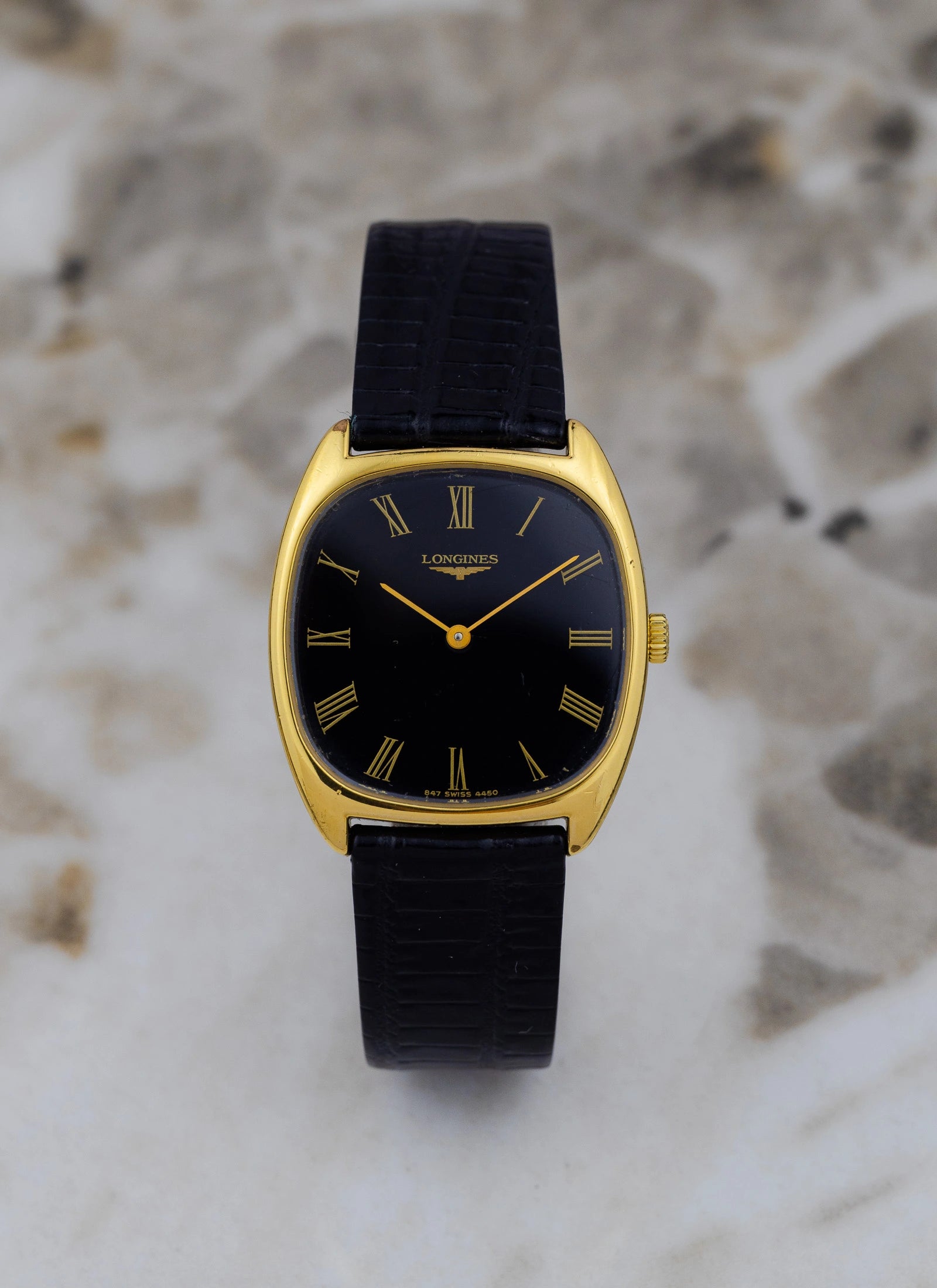 1980s Longines Tonneau Black Roman Dial 4450 cal. L847.4