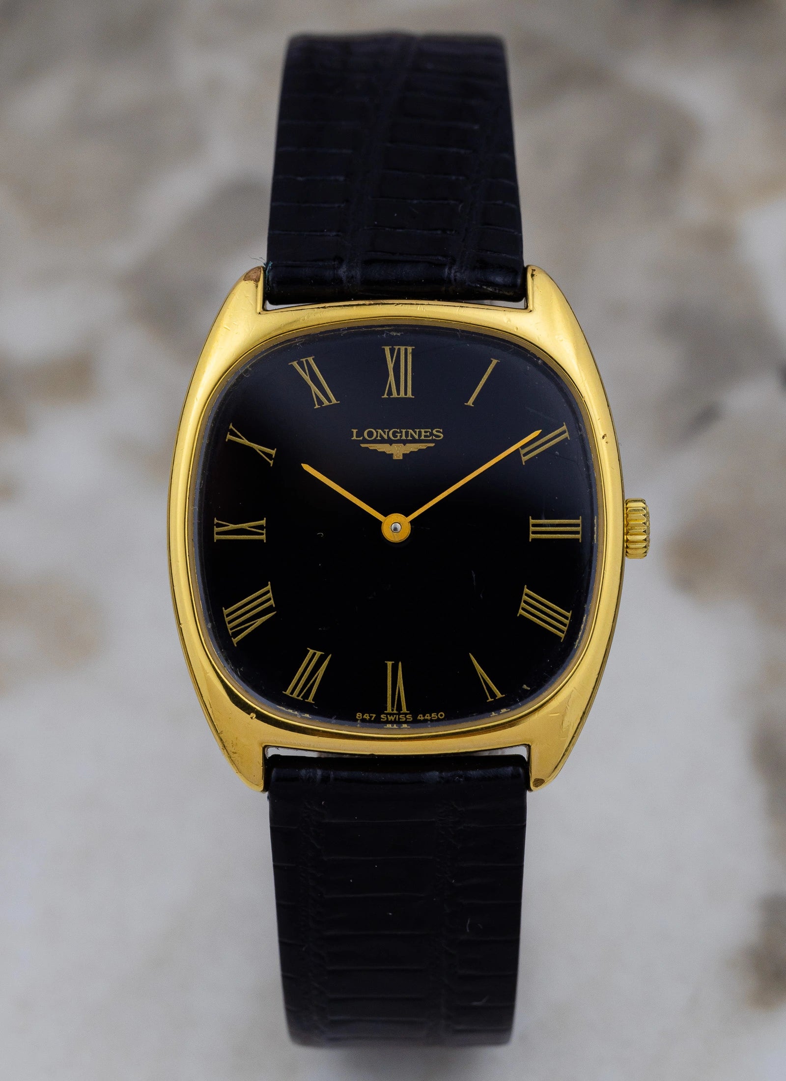 1980s Longines Tonneau Black Roman Dial 4450 cal. L847.4