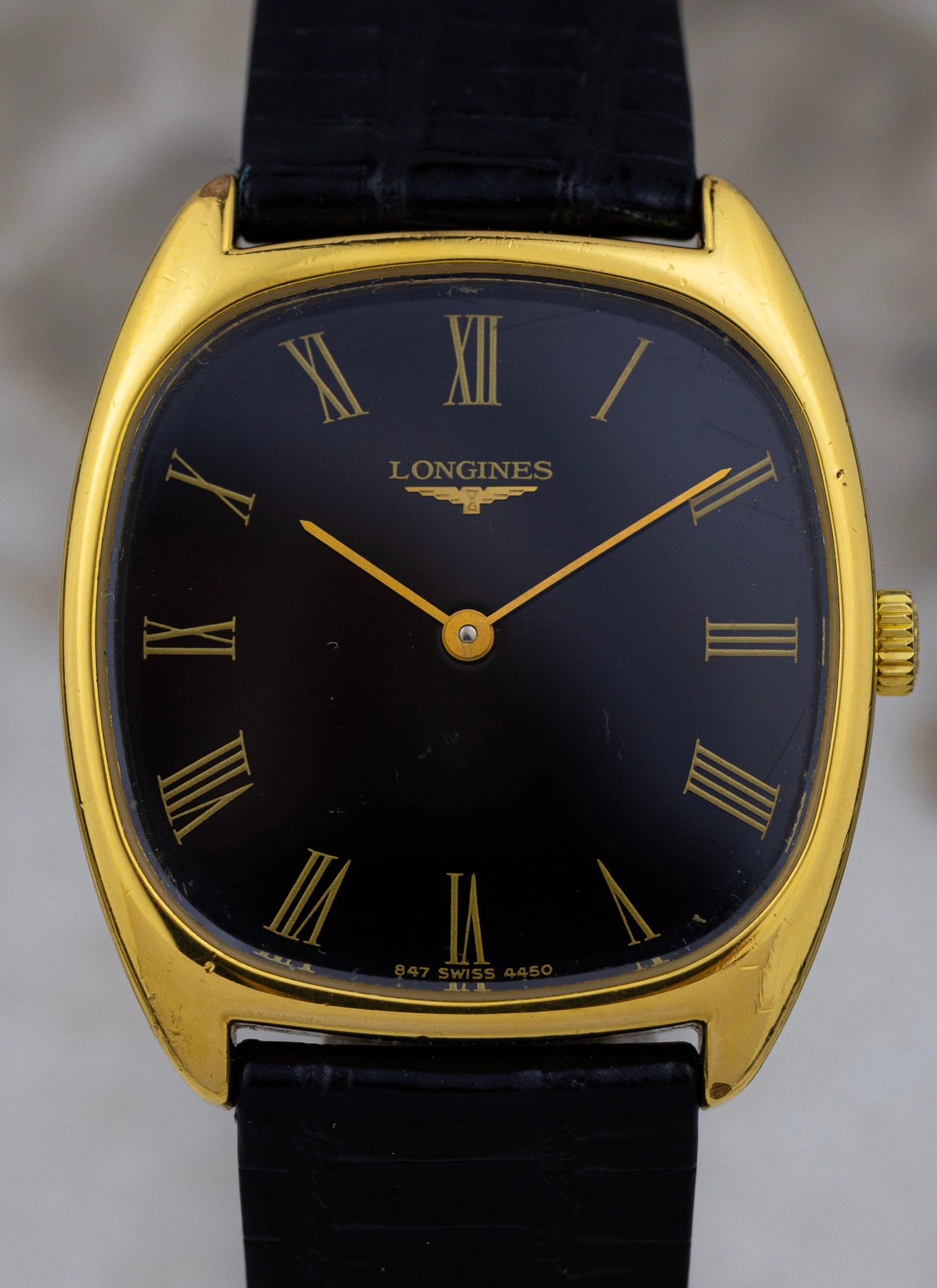 1980s Longines Tonneau Black Roman Dial 4450 cal. L847.4