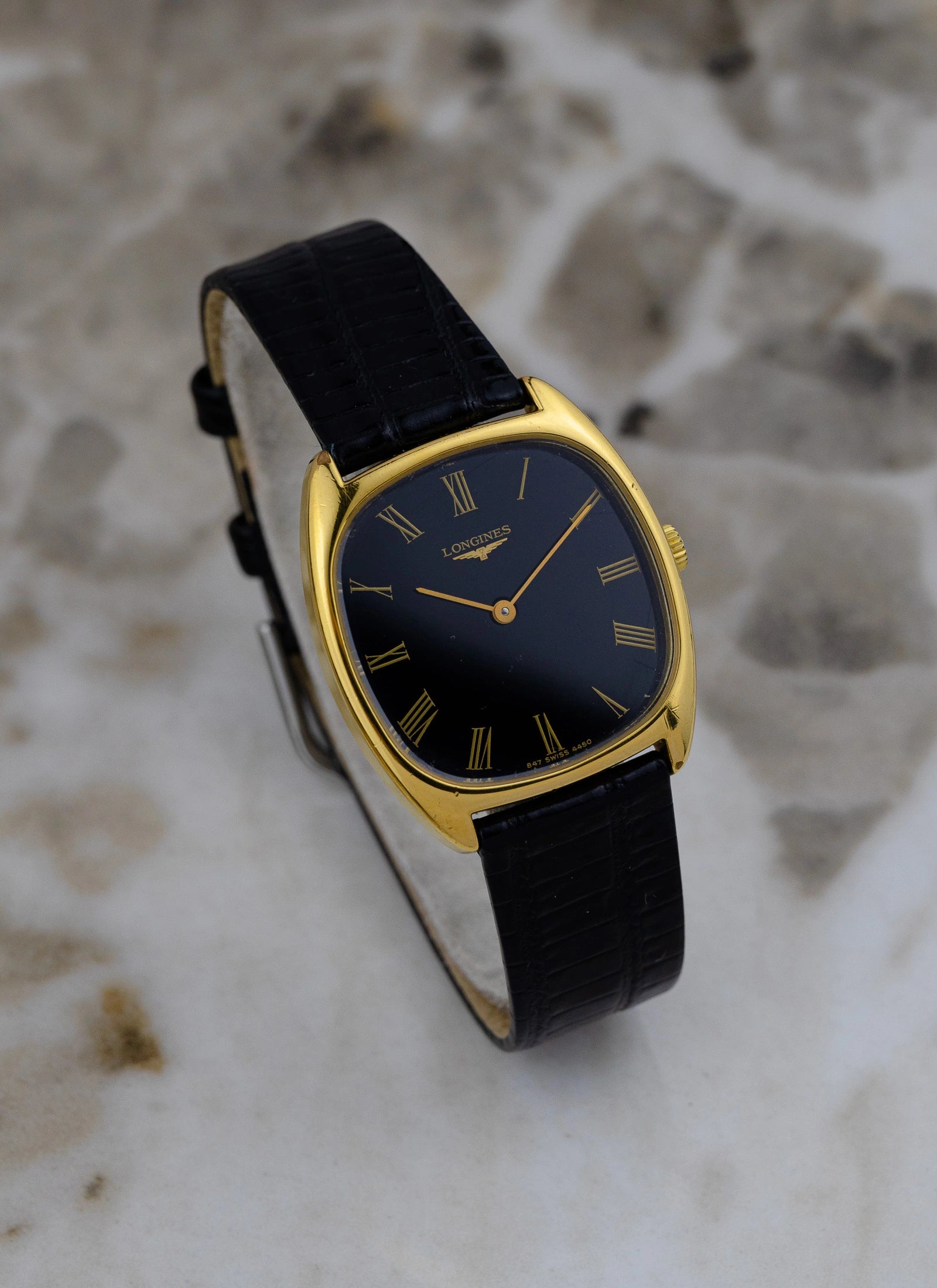 1980s Longines Tonneau Black Roman Dial 4450 cal. L847.4