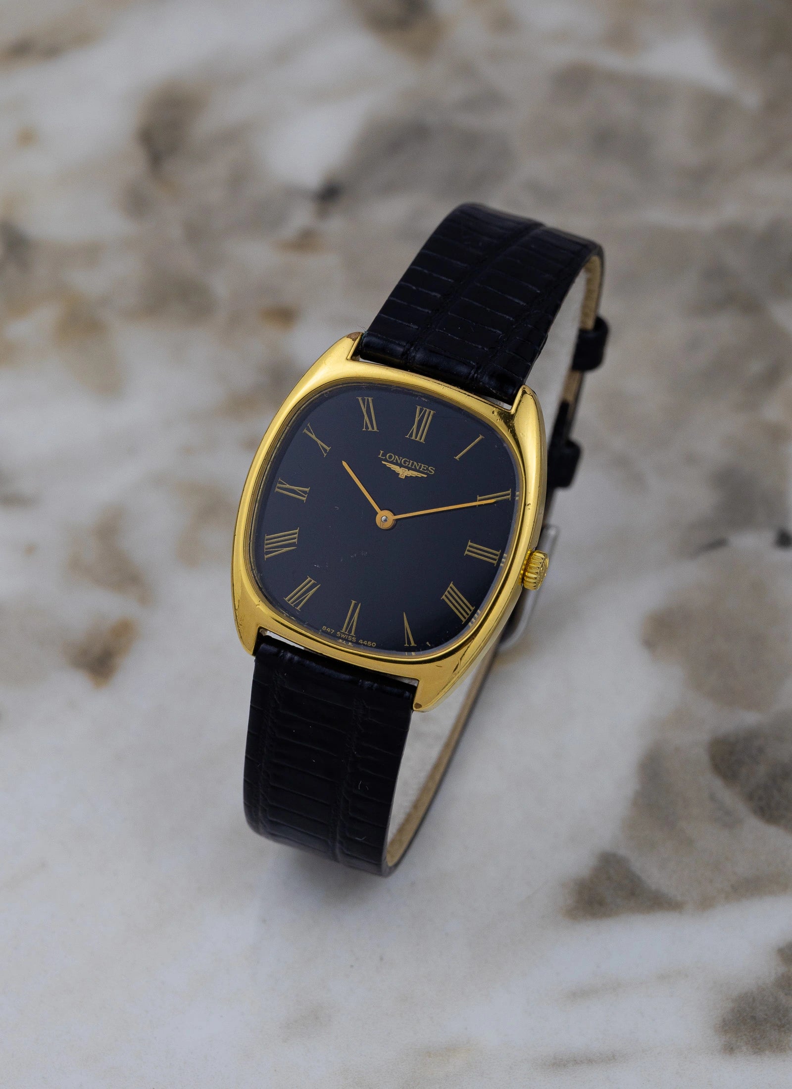 1980s Longines Tonneau Black Roman Dial 4450 cal. L847.4