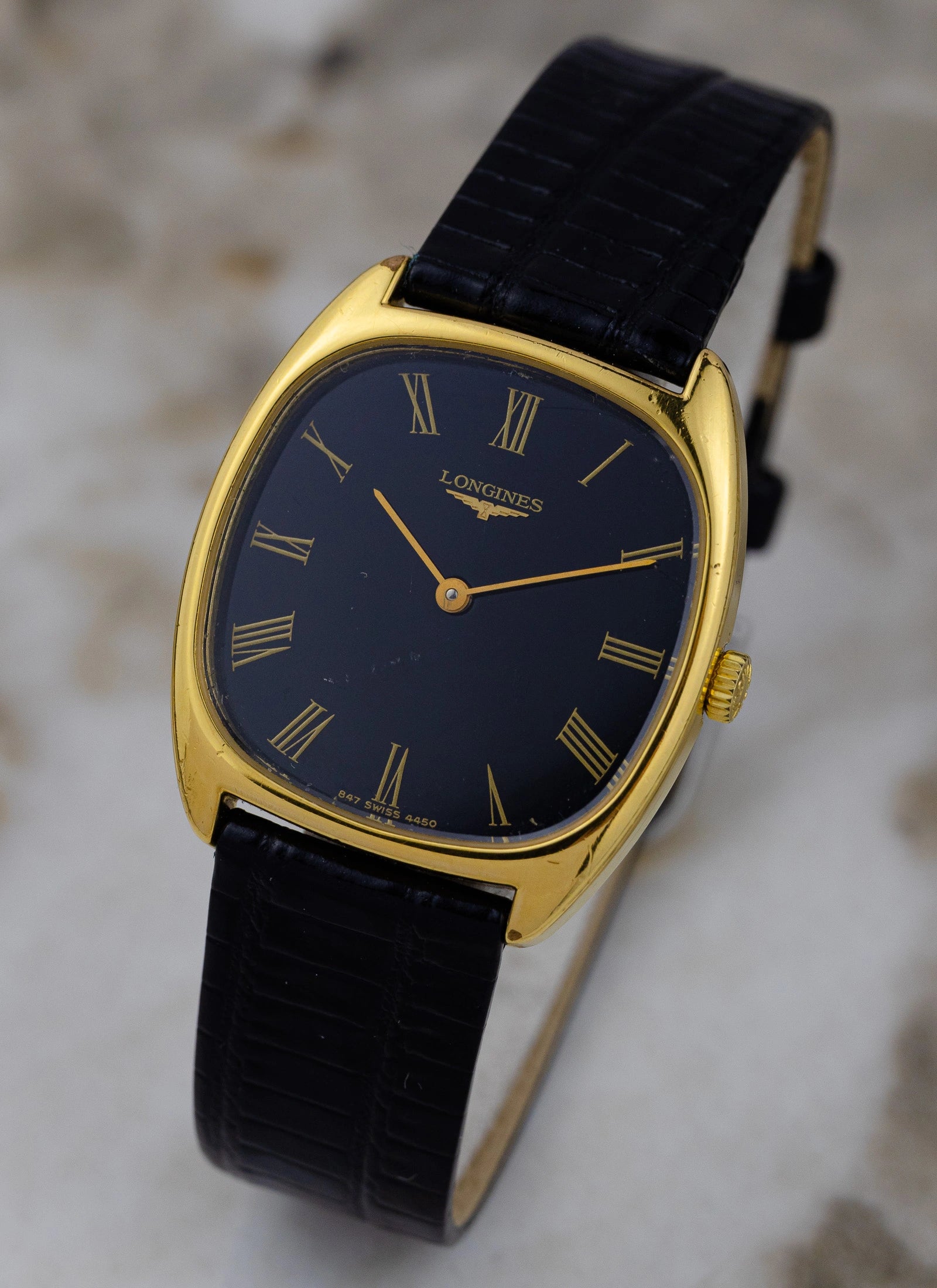 1980s Longines Tonneau Black Roman Dial 4450 cal. L847.4