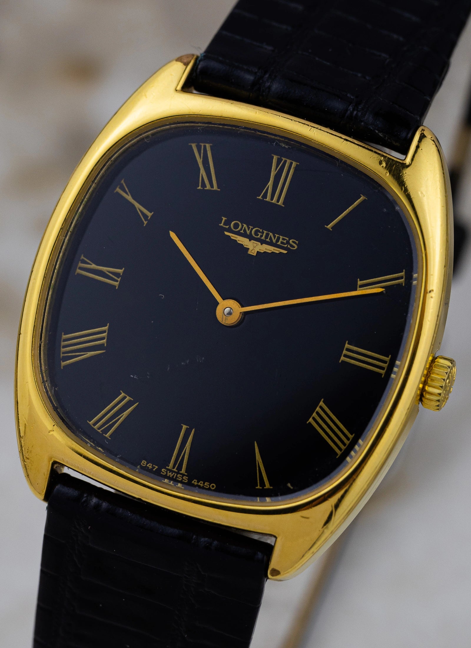 1980s Longines Tonneau Black Roman Dial 4450 cal. L847.4