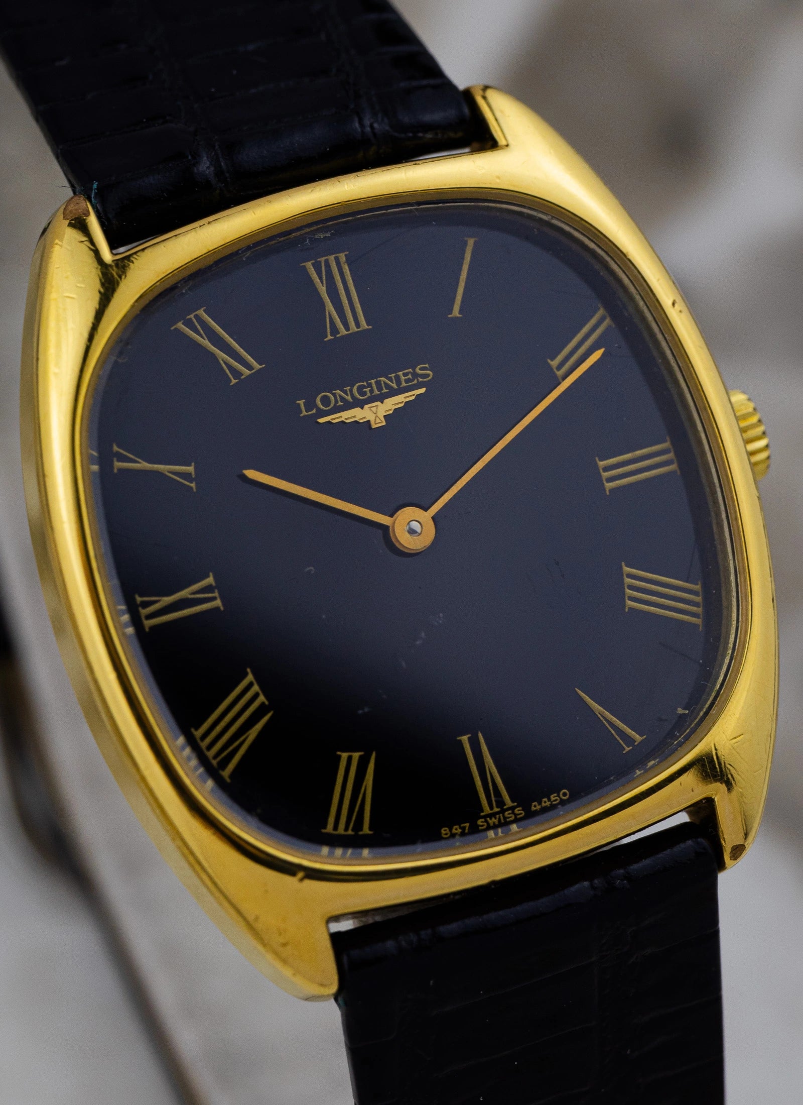 1980s Longines Tonneau Black Roman Dial 4450 cal. L847.4