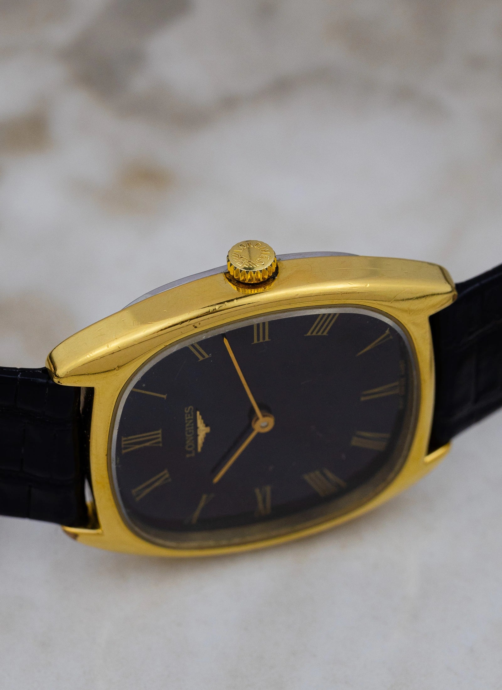 1980s Longines Tonneau Black Roman Dial 4450 cal. L847.4
