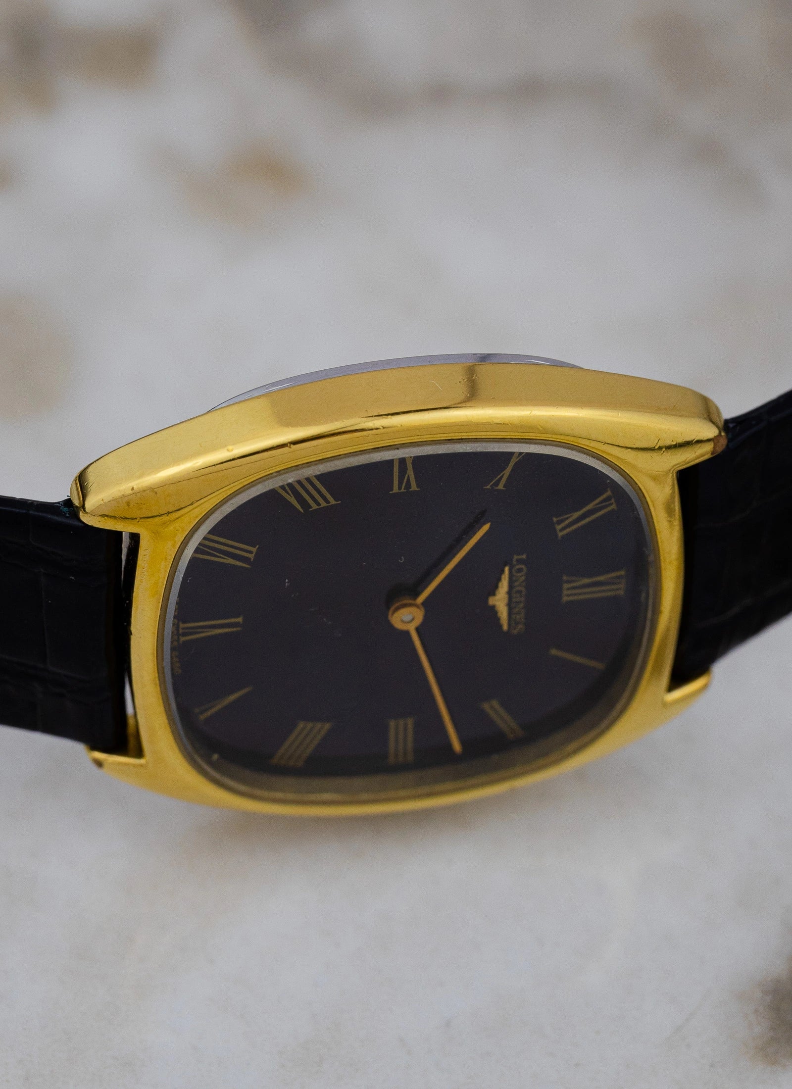 1980s Longines Tonneau Black Roman Dial 4450 cal. L847.4