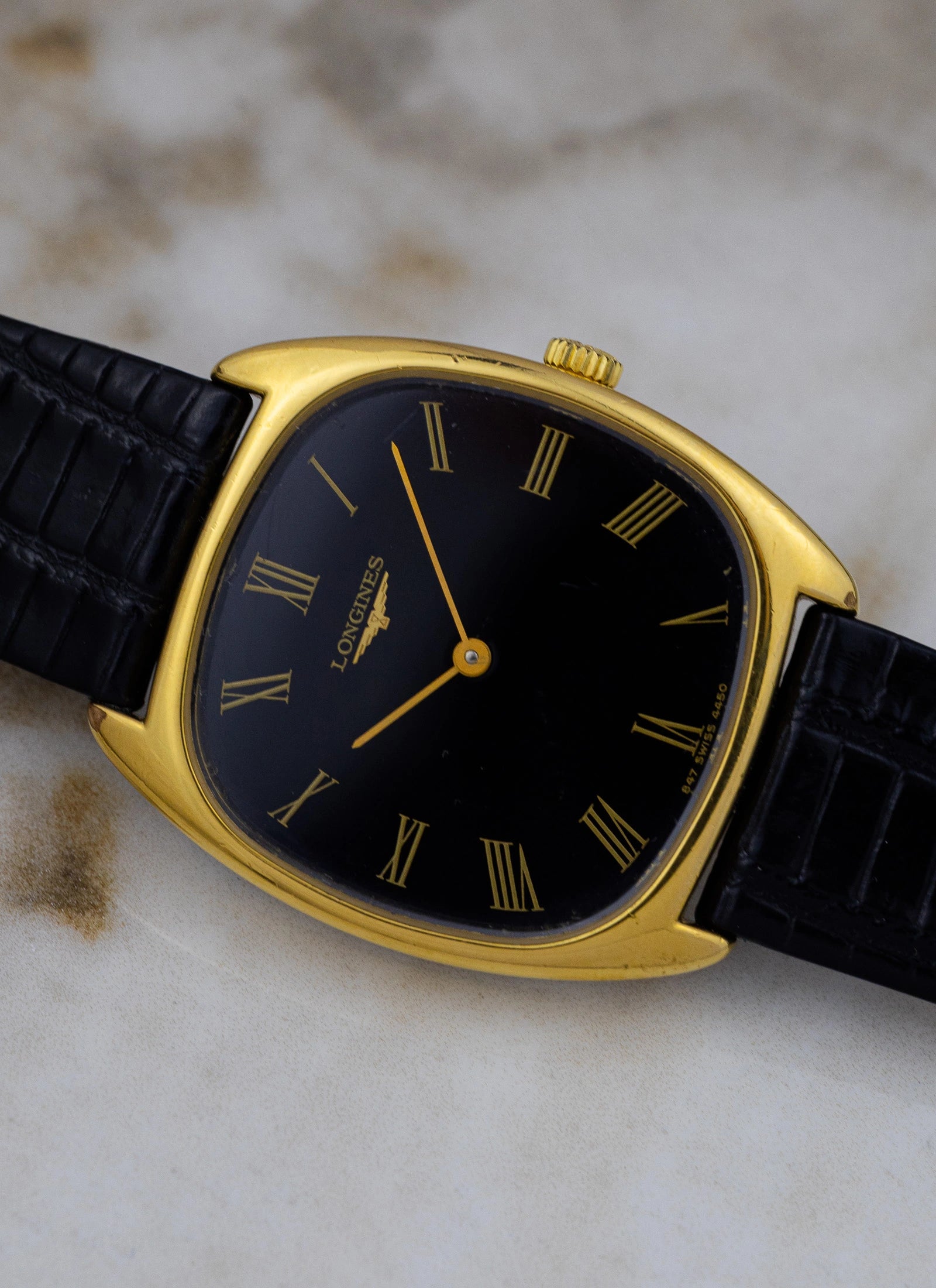 1980s Longines Tonneau Black Roman Dial 4450 cal. L847.4