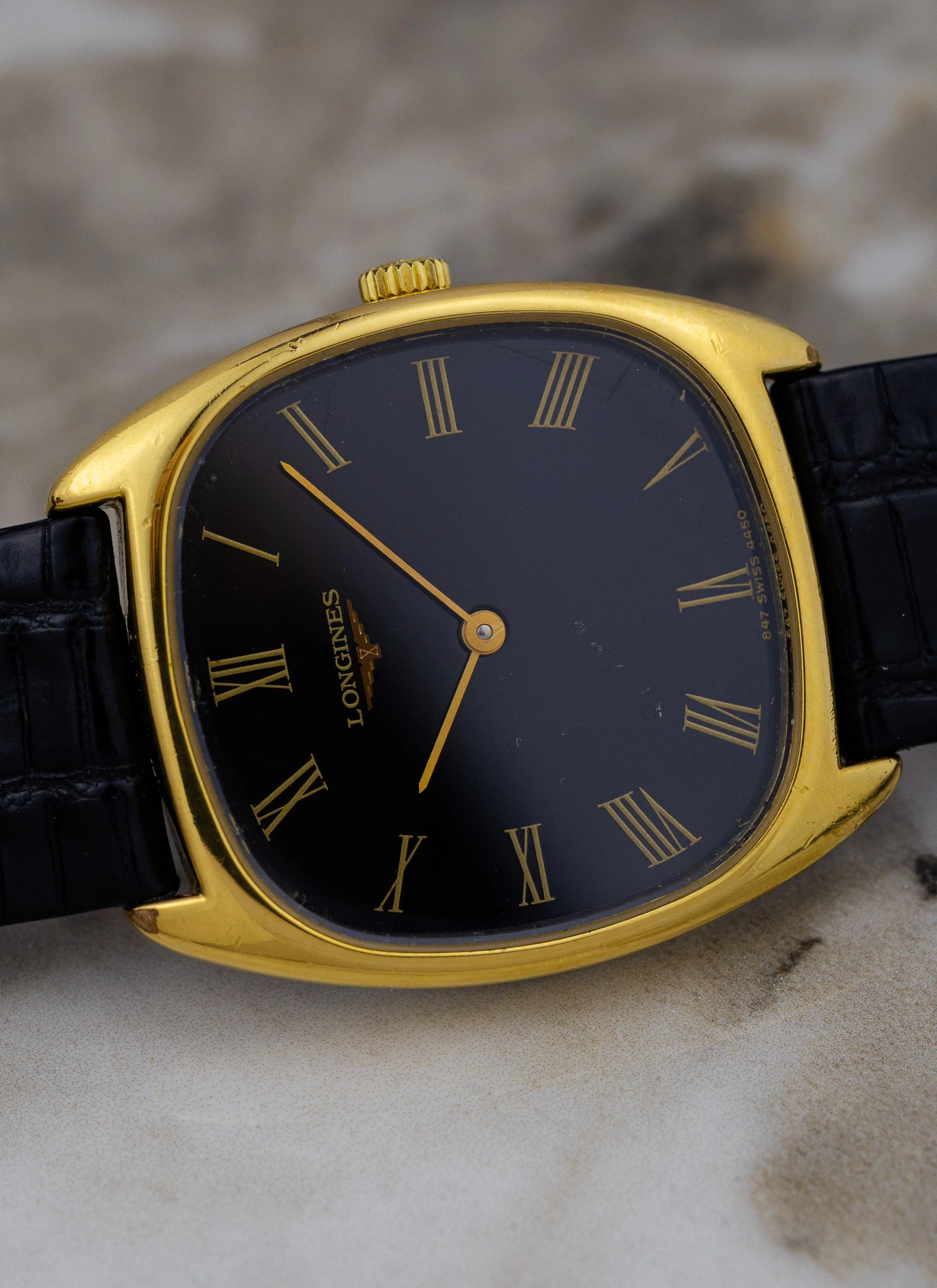 1980s Longines Tonneau Black Roman Dial 4450 cal. L847.4