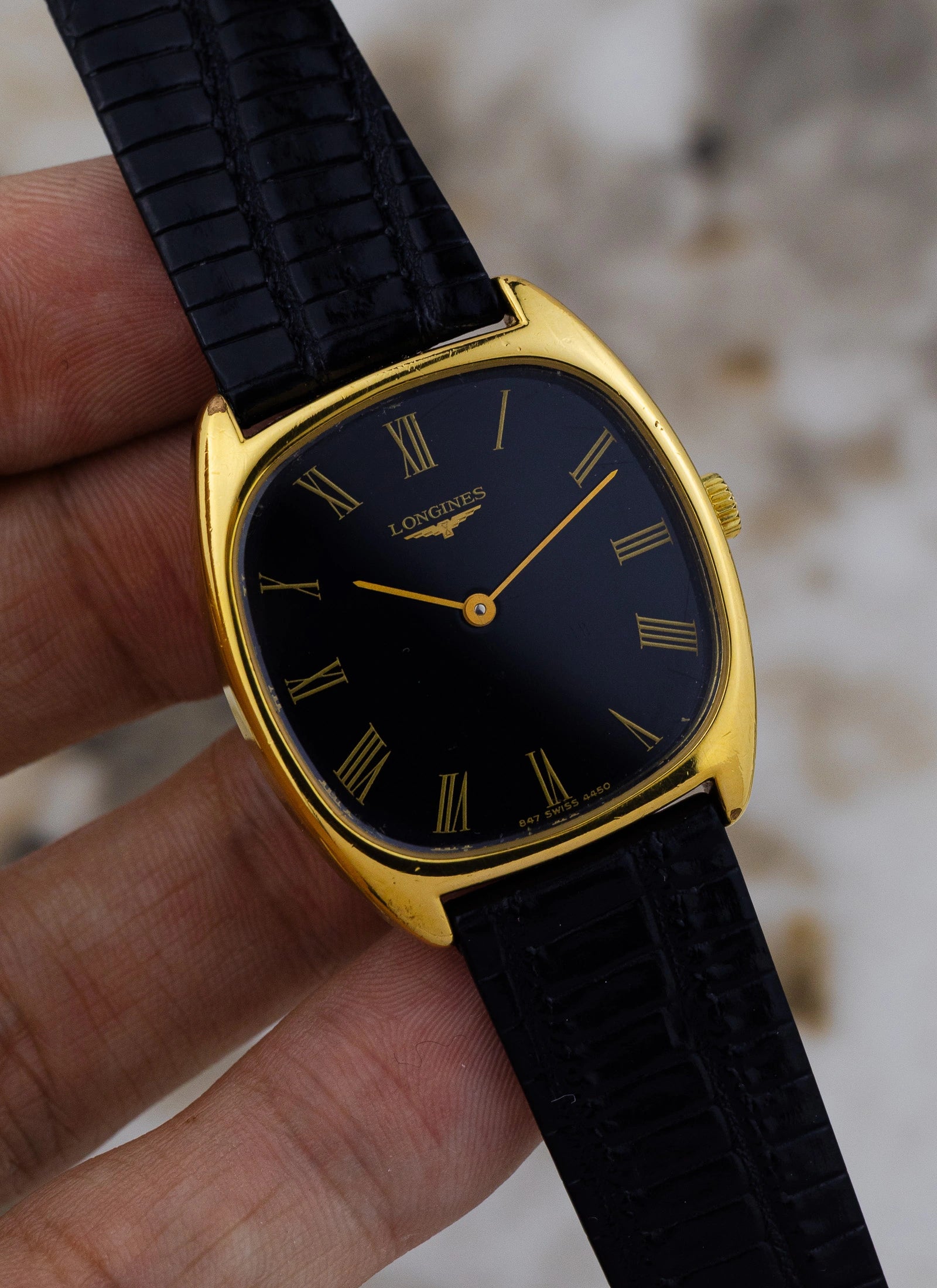 1980s Longines Tonneau Black Roman Dial 4450 cal. L847.4