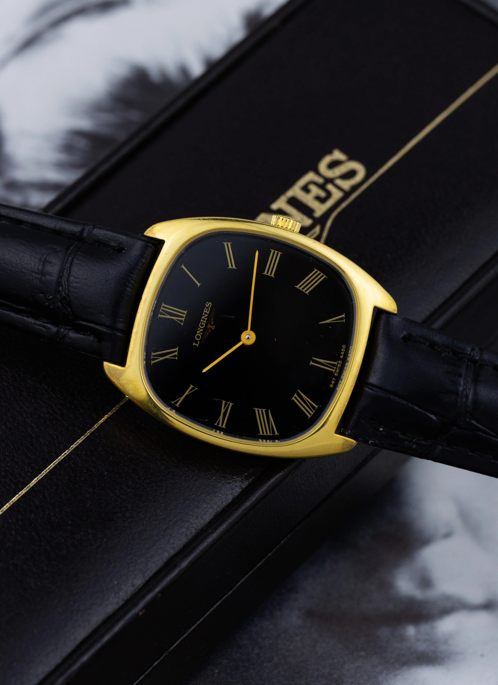 1970s Longines Square Black Roman Dial 4450 cal. L847.4 Serviced Box