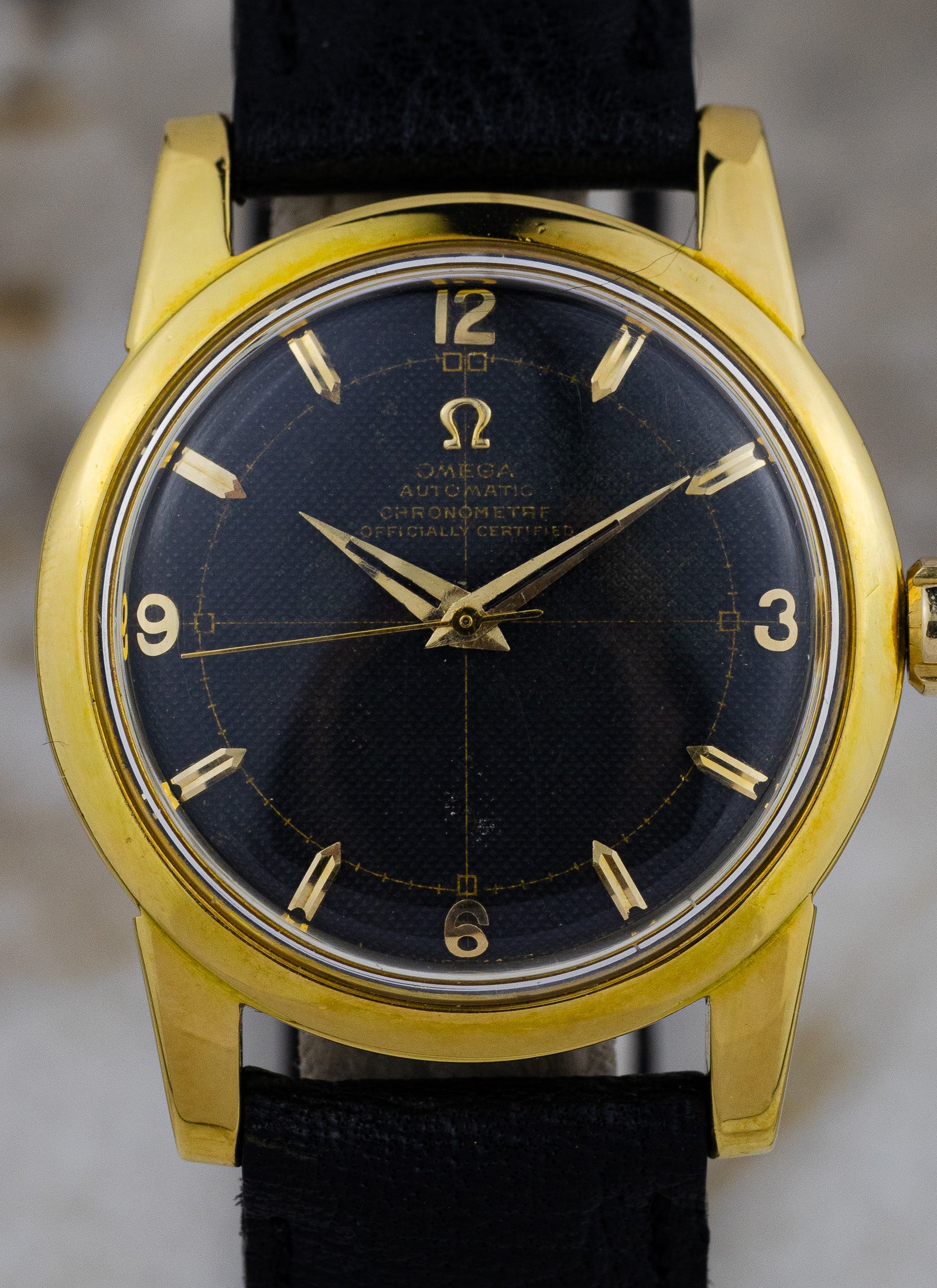 1954 18K Omega Seamaster Chronometre Black Honeycomb 2577-2520 Full Set