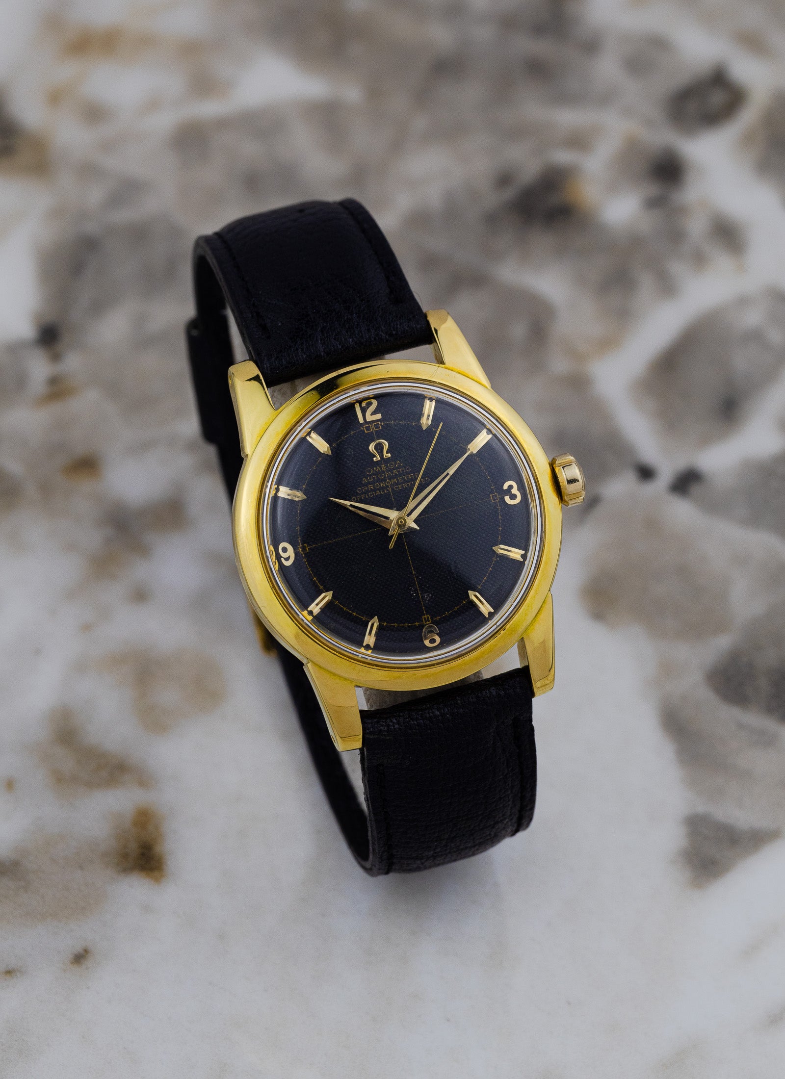 1954 18K Omega Seamaster Chronometre Black Honeycomb 2577-2520 Full Set