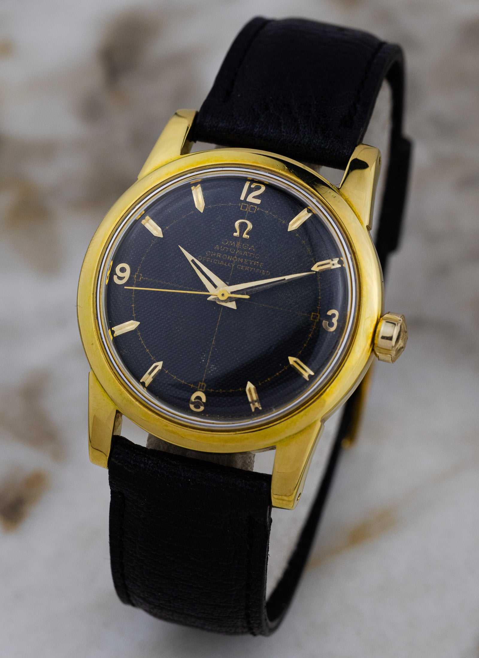 1954 18K Omega Seamaster Chronometre Black Honeycomb 2577-2520 Full Set